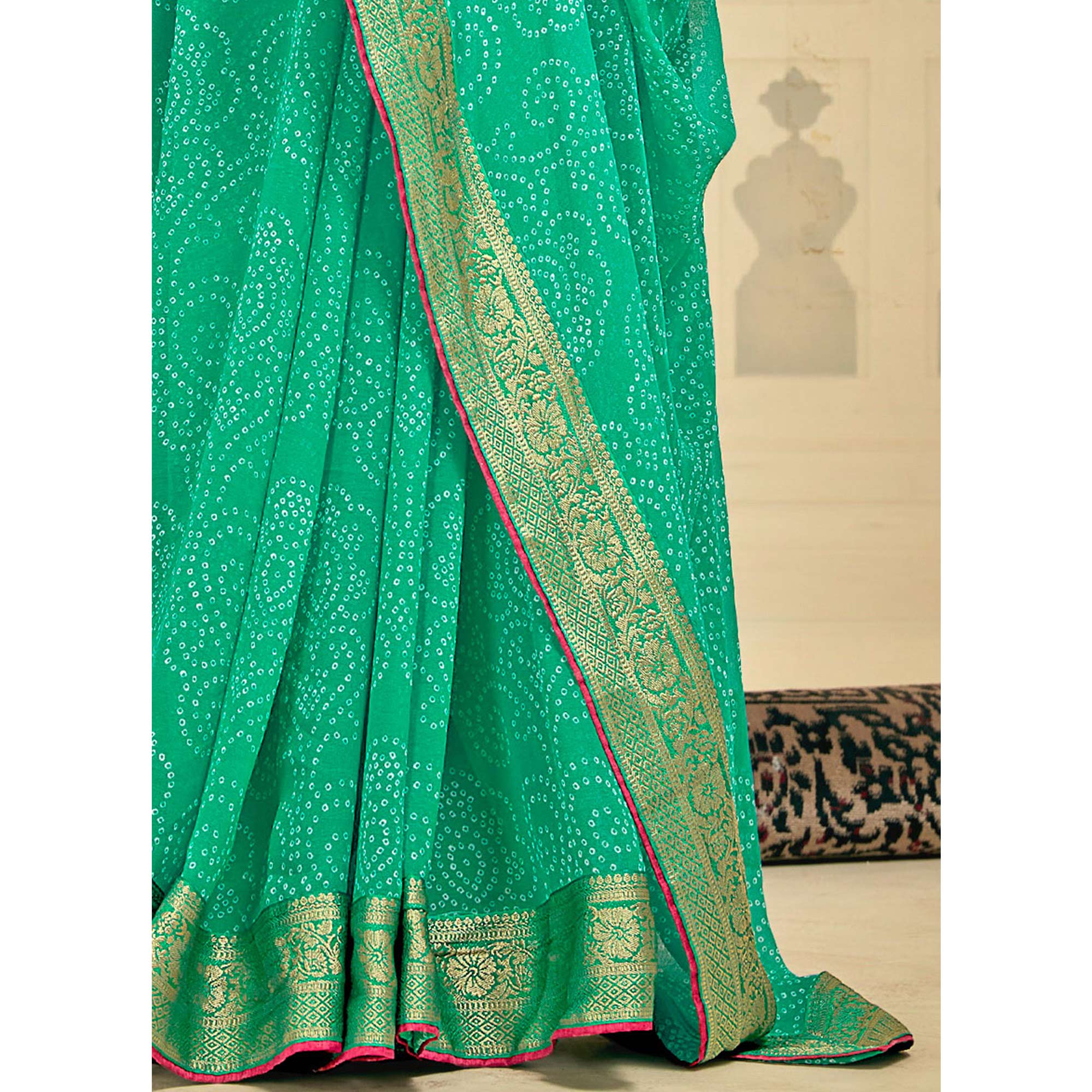 Green Bandhani Printed Georgette Saree