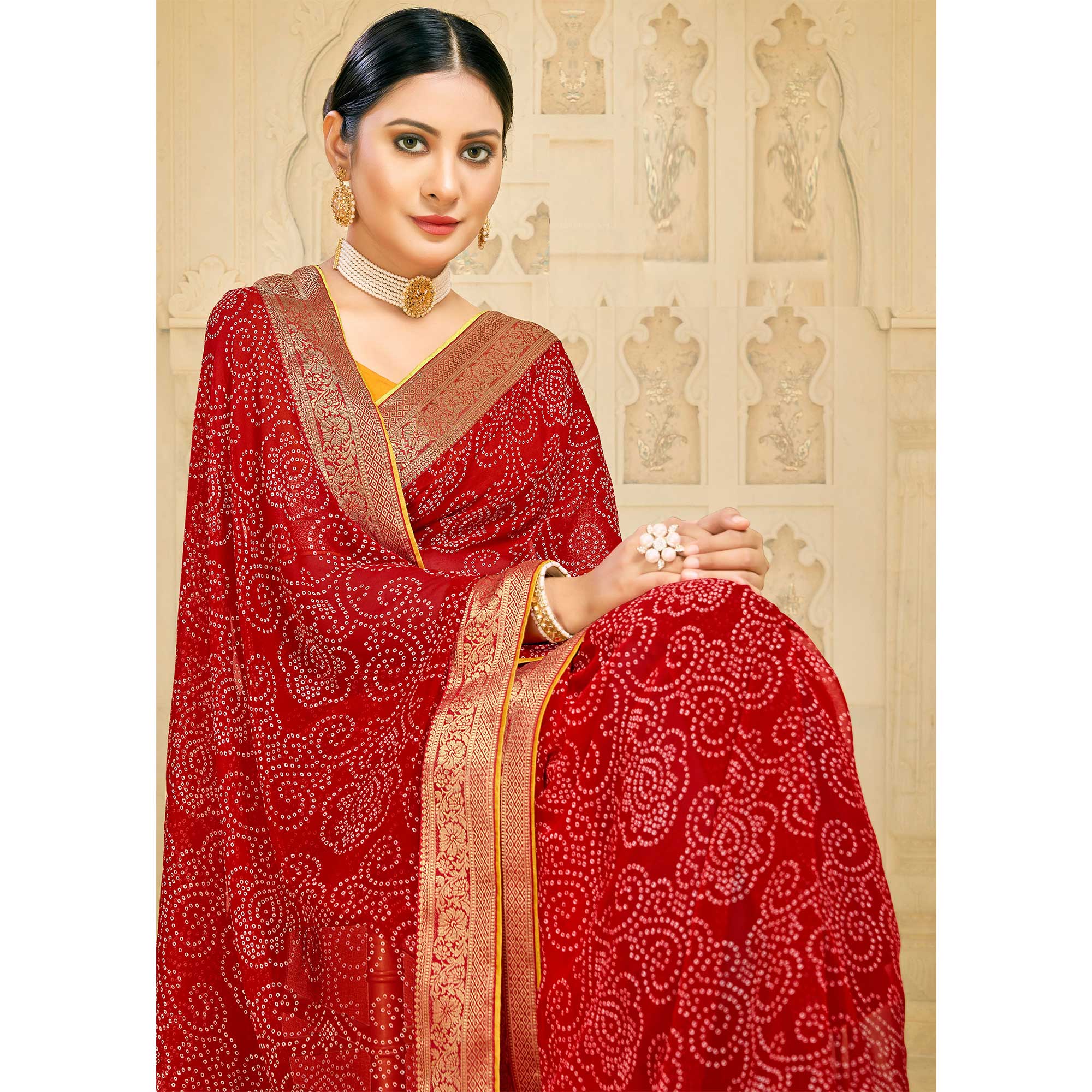 Red Bandhani Printed Georgette Saree