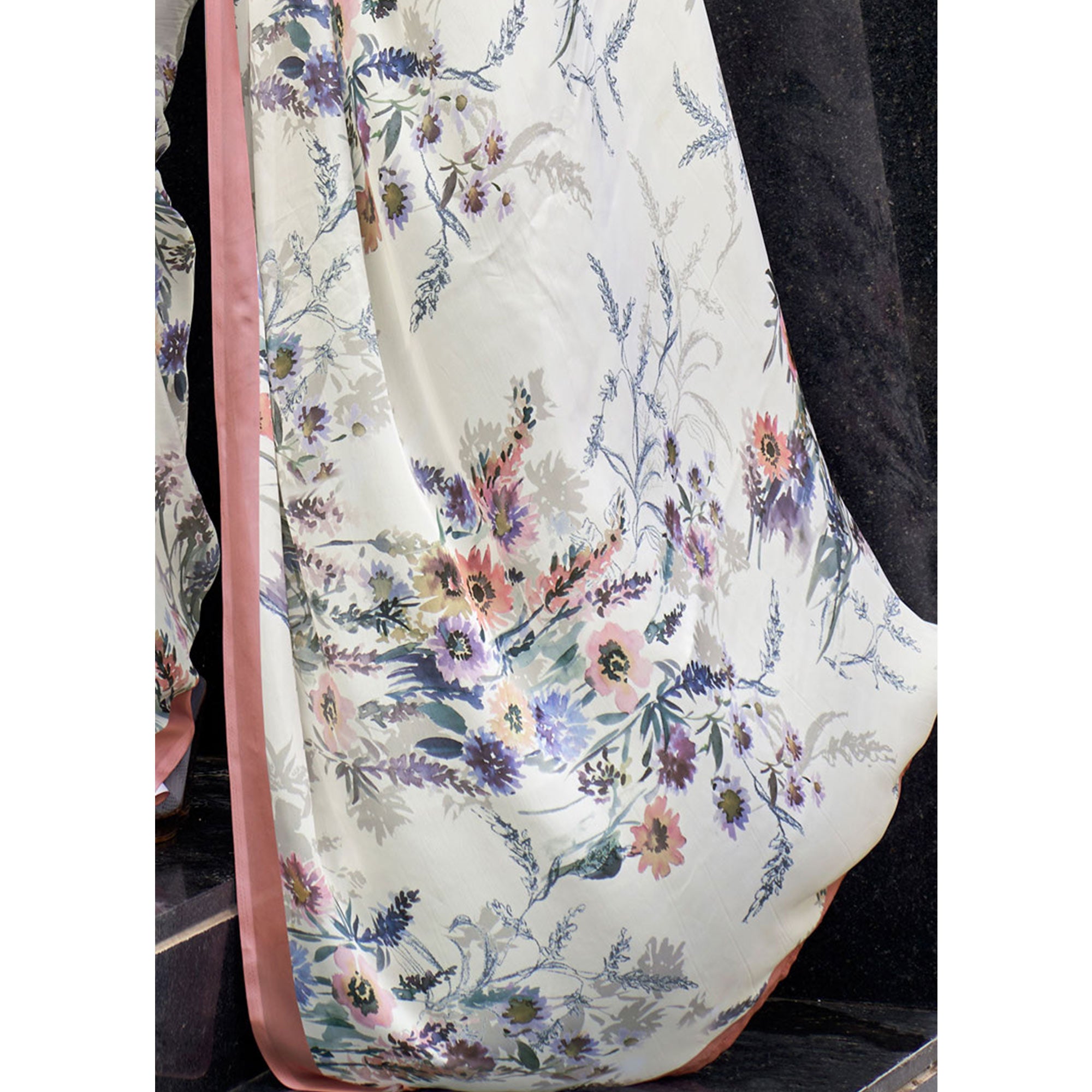 White Floral Digital Printed Satin Saree