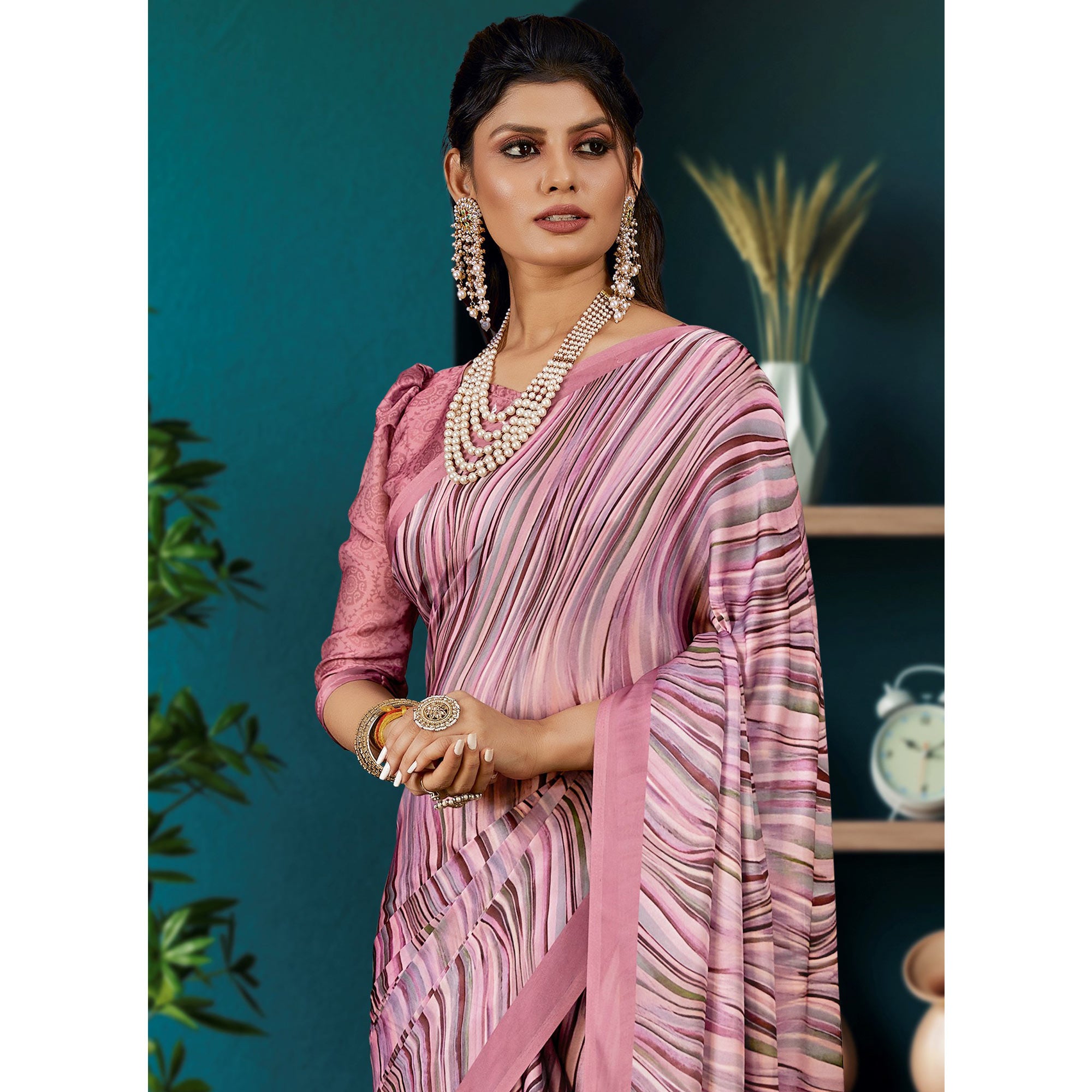 Mauve  Digital Printed Satin Saree