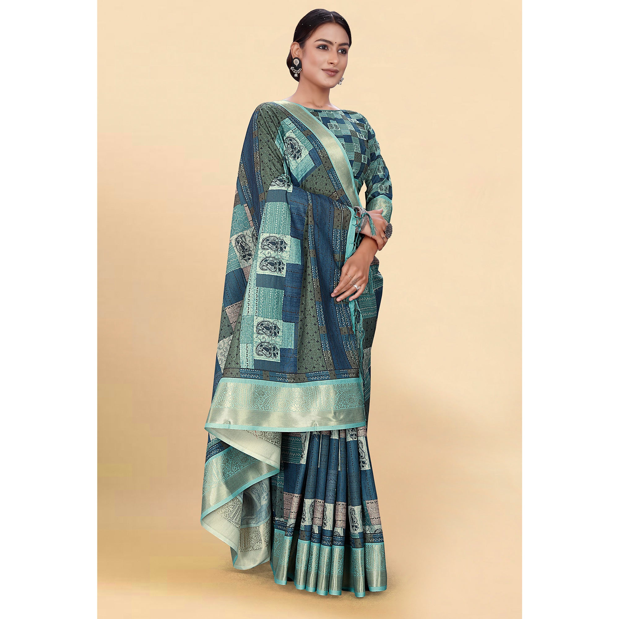 Blue Digital Printed Pure Cotton Saree