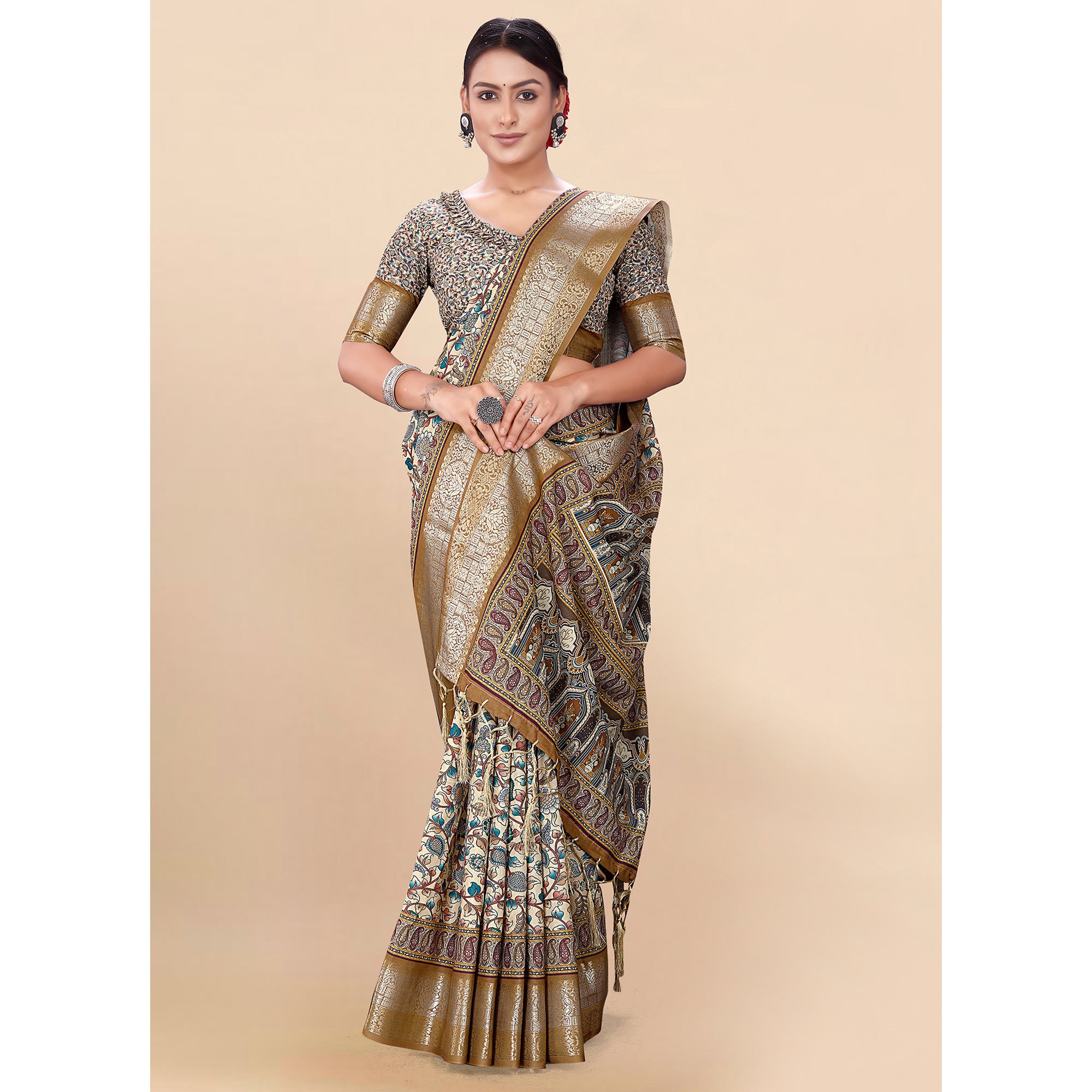 Cream Floral Digital Printed Pure Cotton Saree