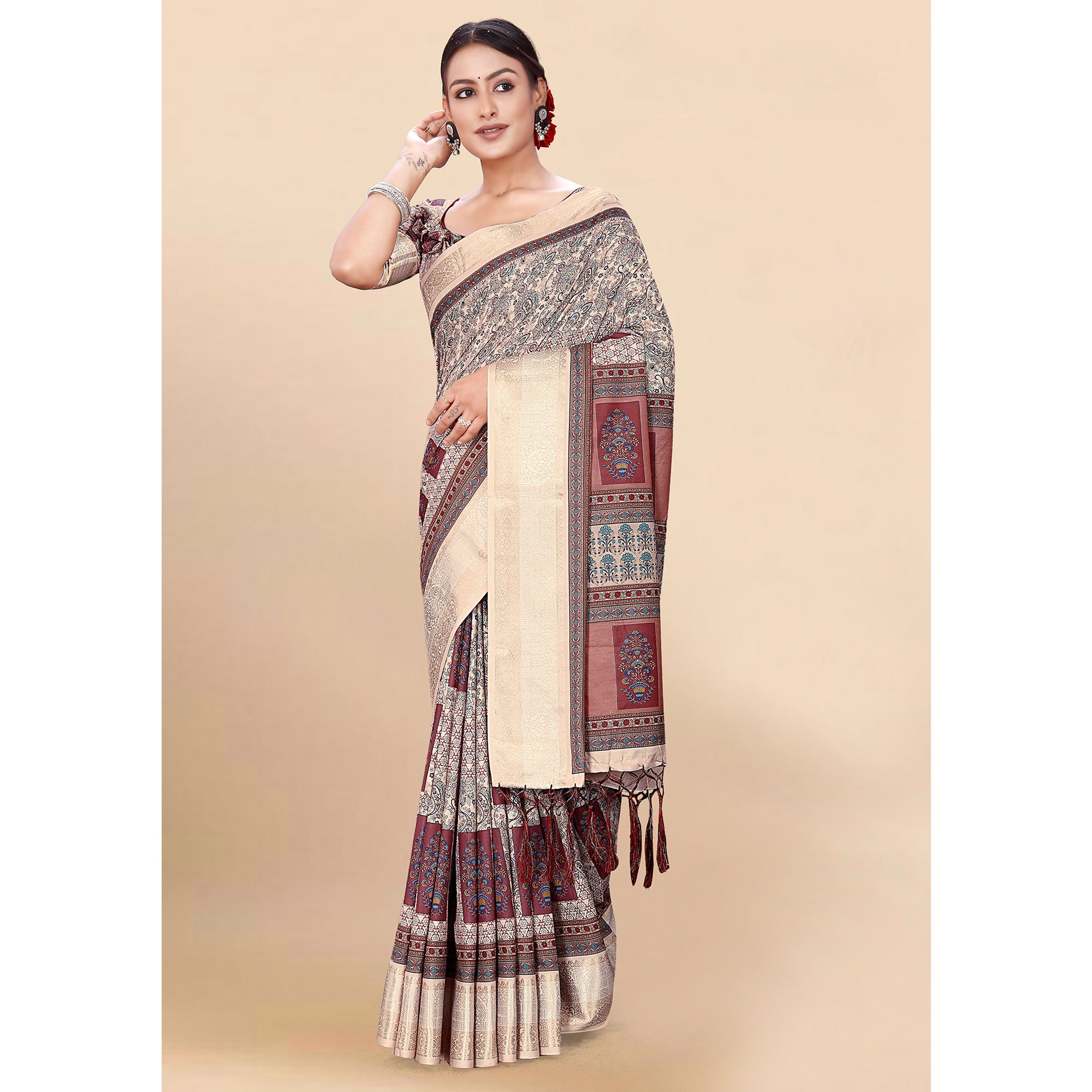 Peach Floral Digital Printed Pure Cotton Saree