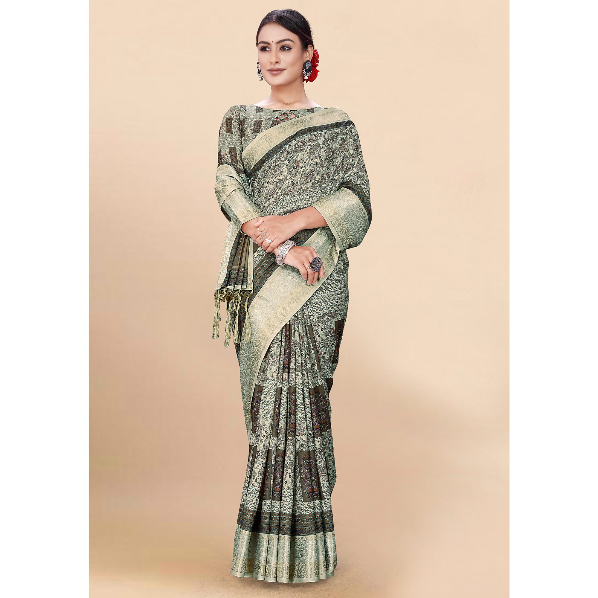 Light Green Floral Digital Printed Pure Cotton Saree