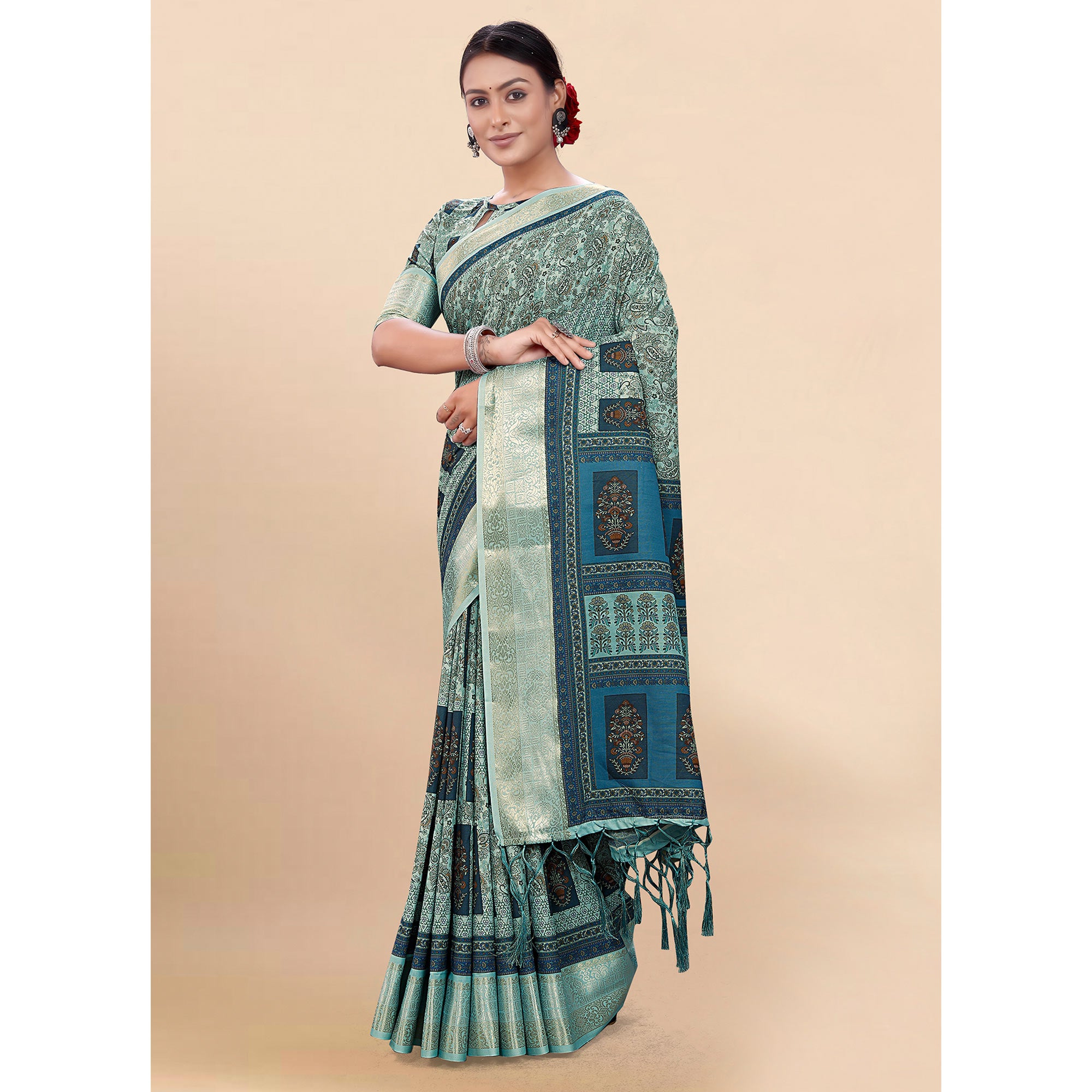 Light Pista Green Floral Digital Printed Pure Cotton Saree