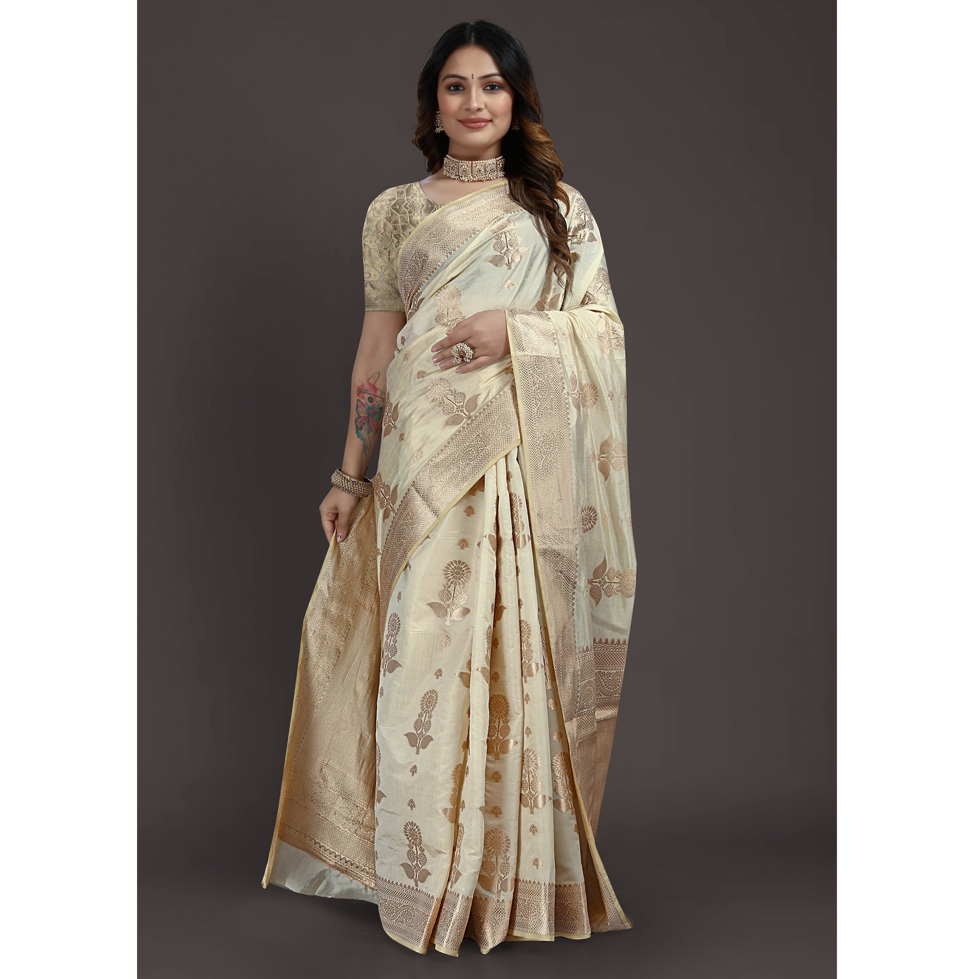 Cream Floral Woven Raw Silk Saree