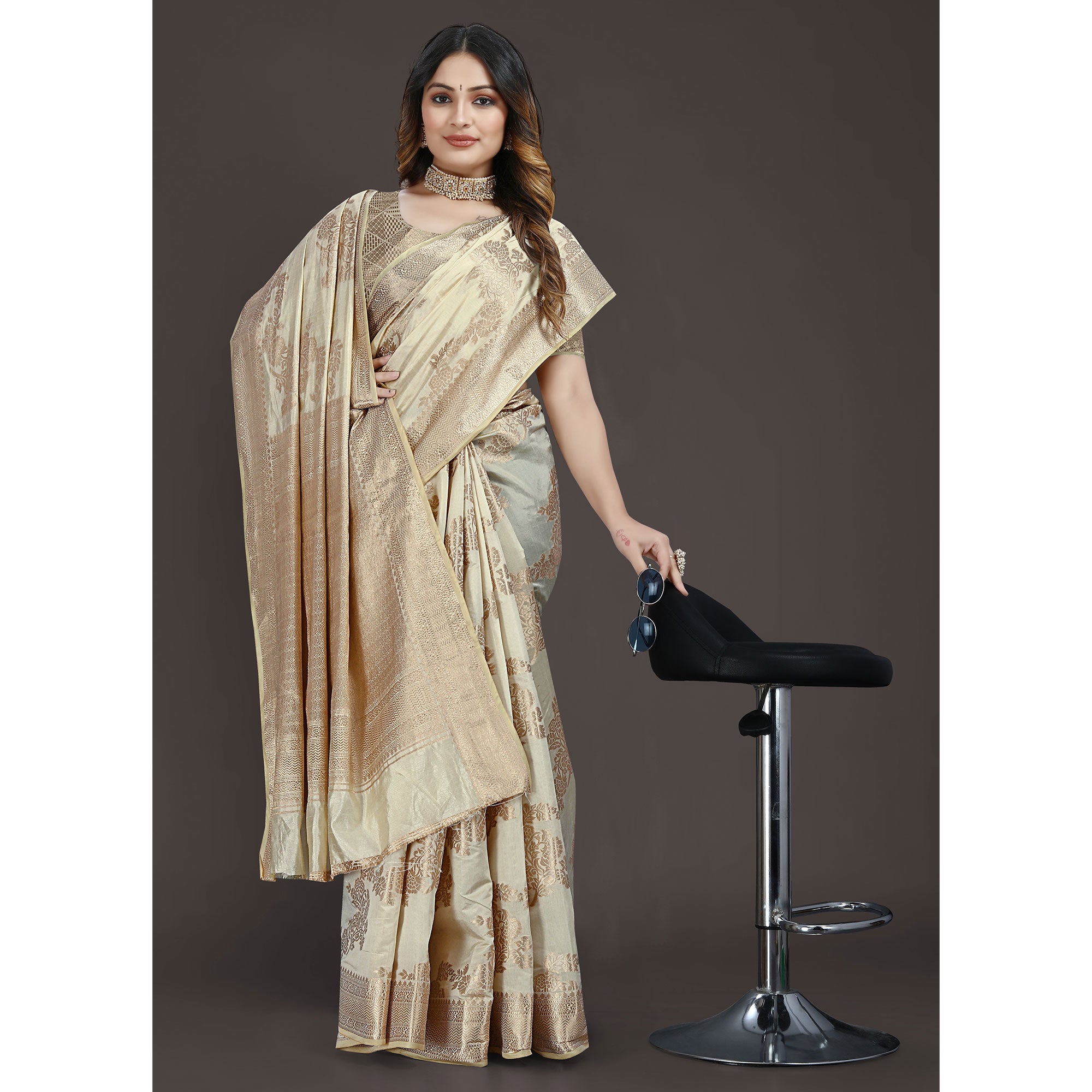 Cream Floral Woven Raw Silk Saree
