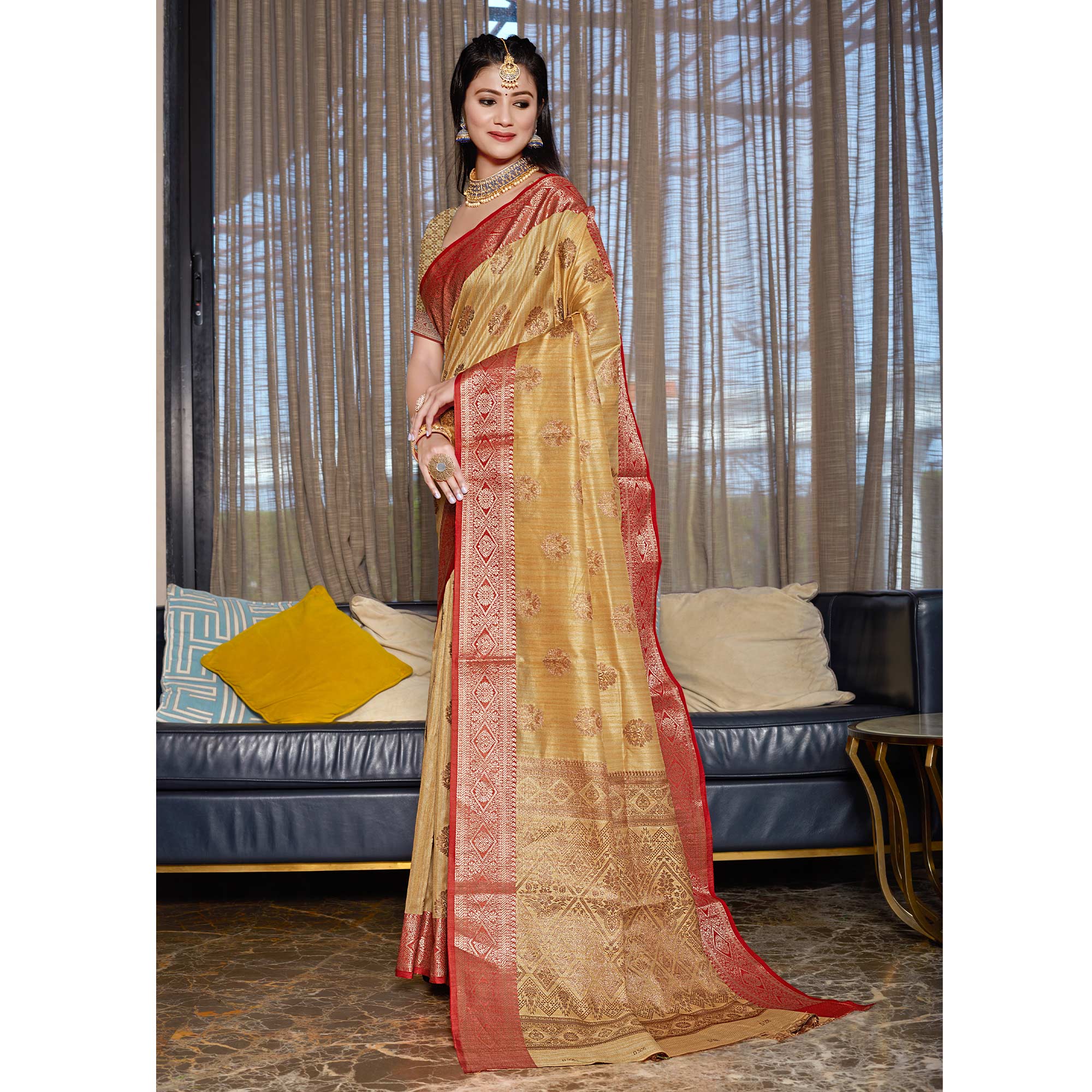 Chikoo Floral Woven Cotton Blend Saree