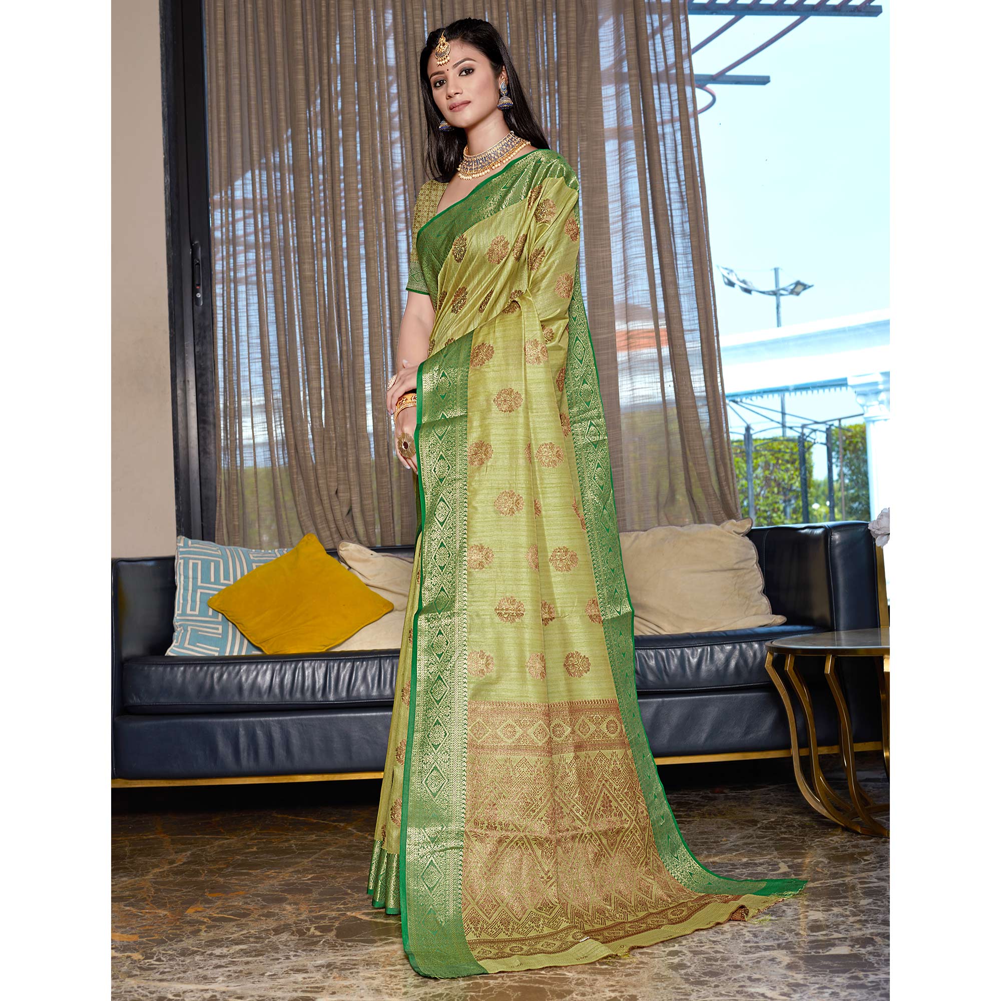 Green Floral Woven Cotton Blend Saree