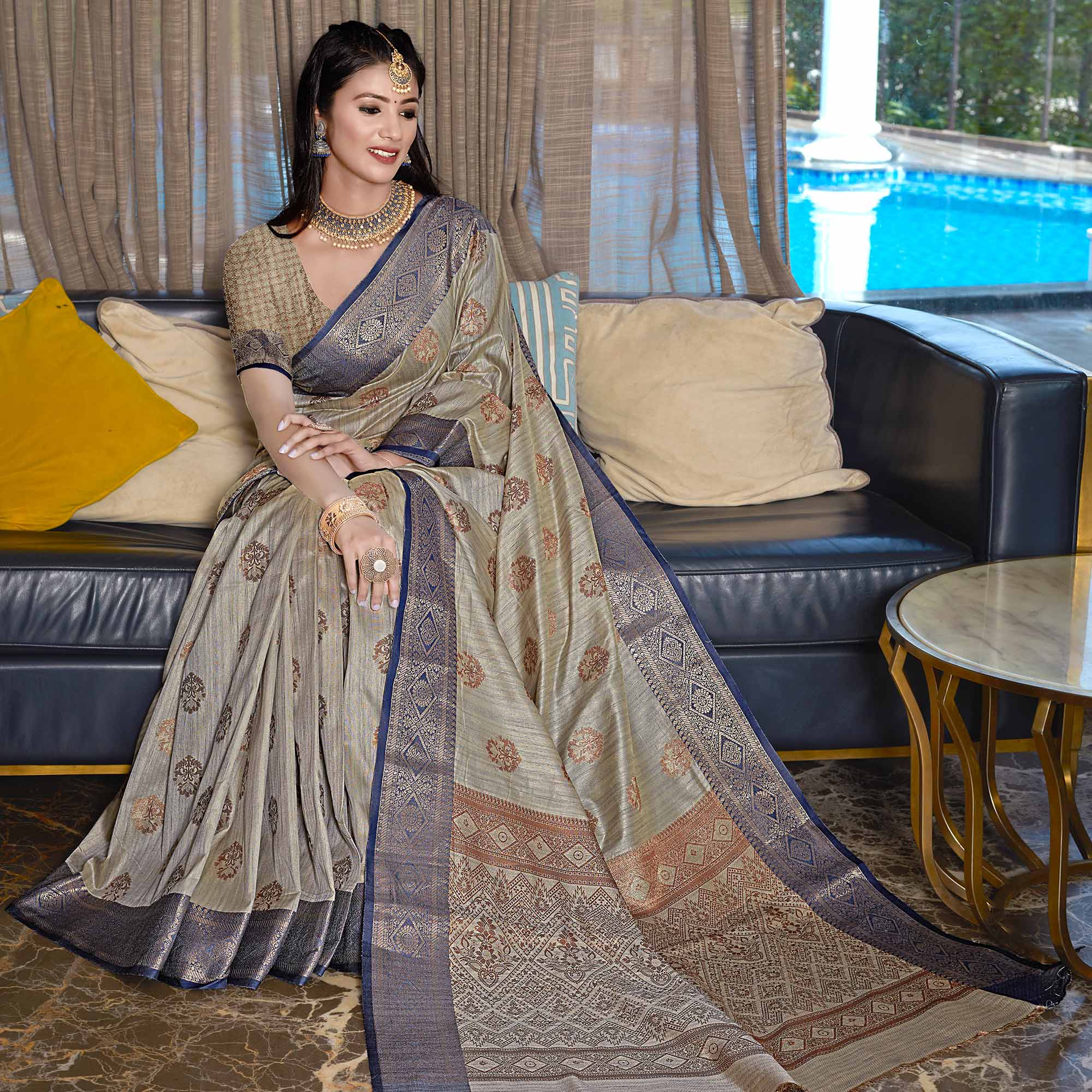 Grey Floral Woven Cotton Blend Saree