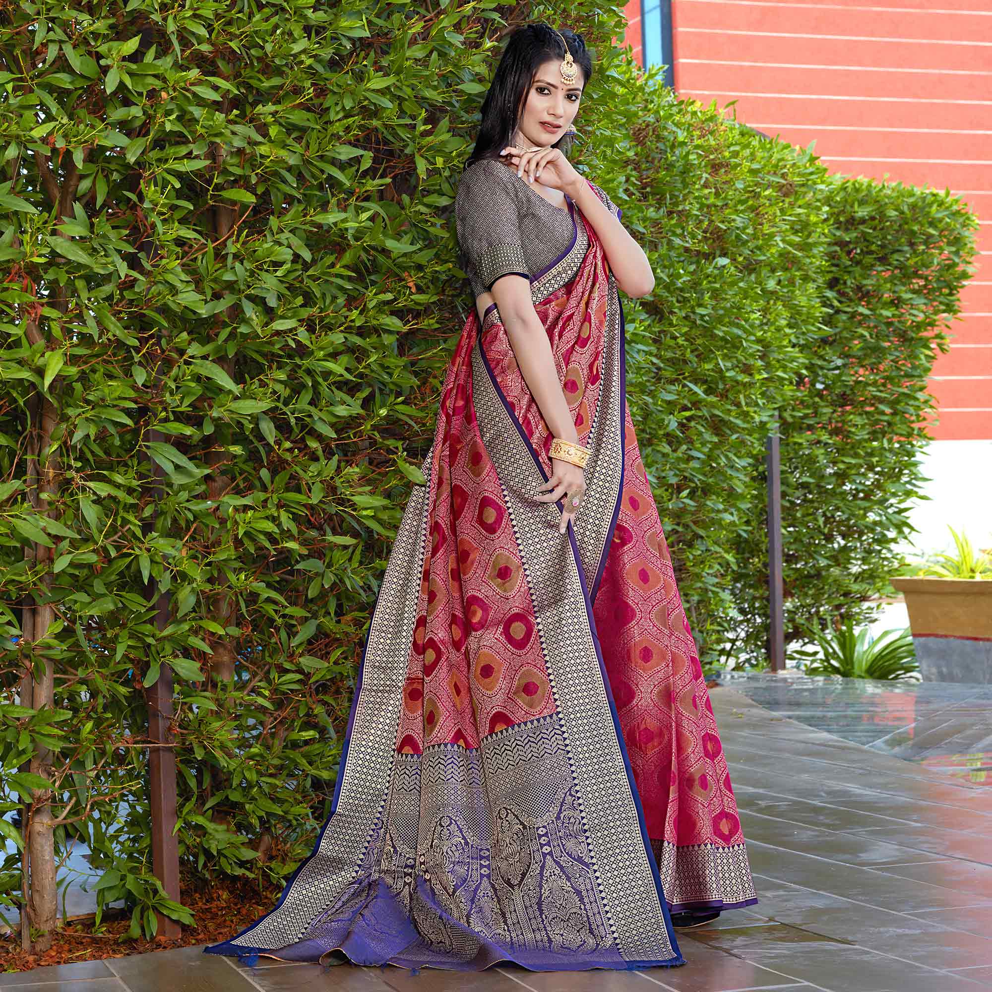 Rani Pink Woven Art Silk Saree