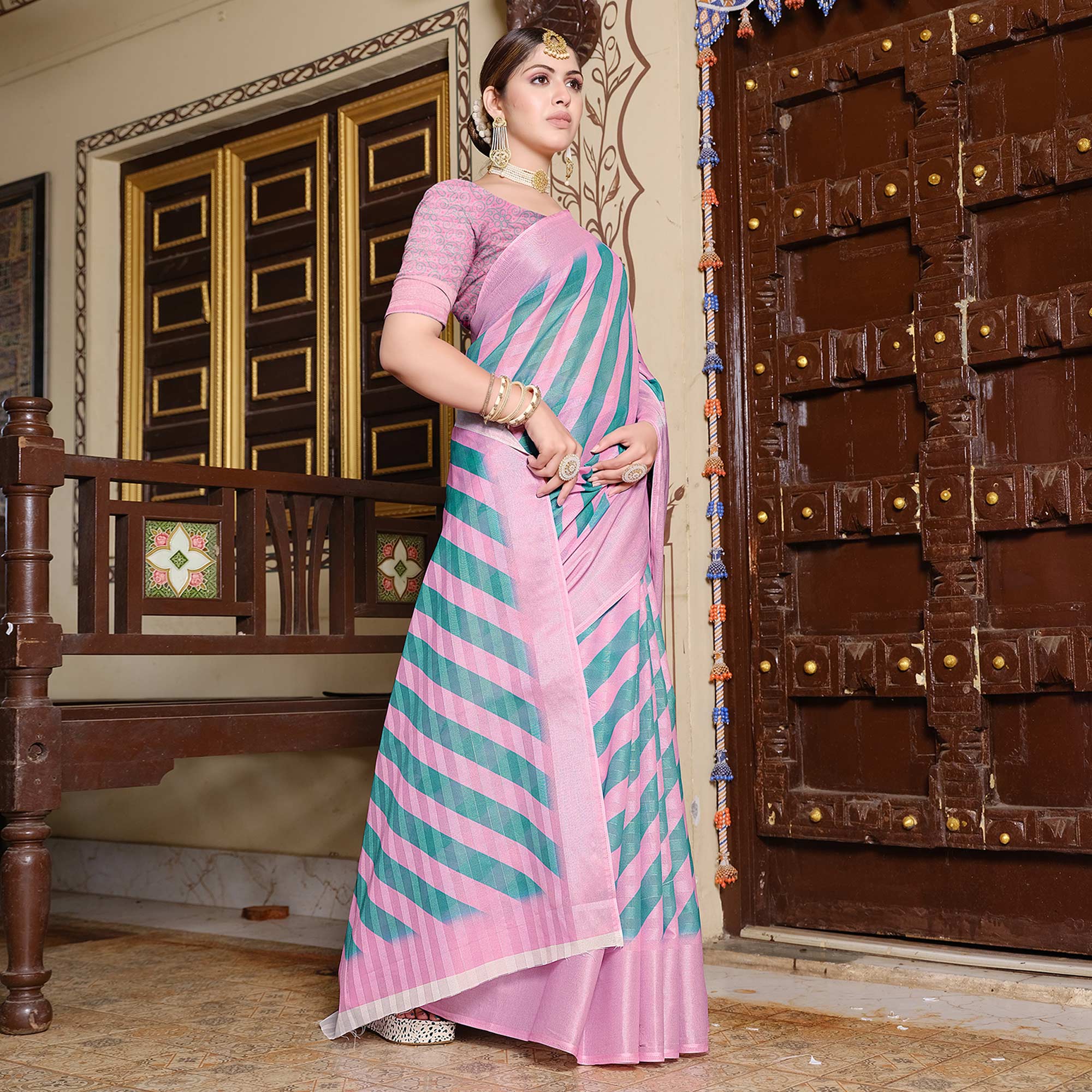 Baby Pink Printed Pure Cotton Saree