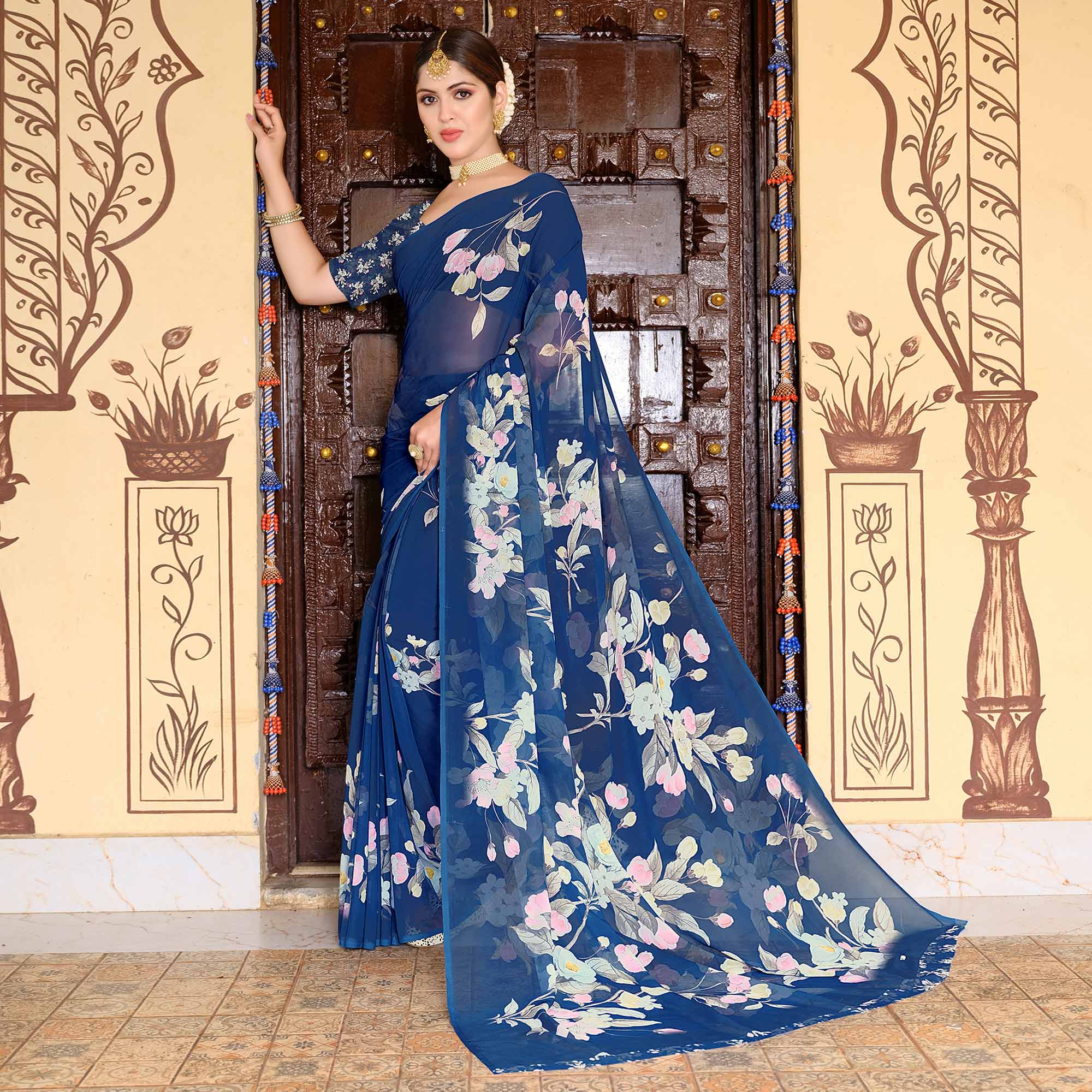 Blue Floral Digital Printed Georgette Saree