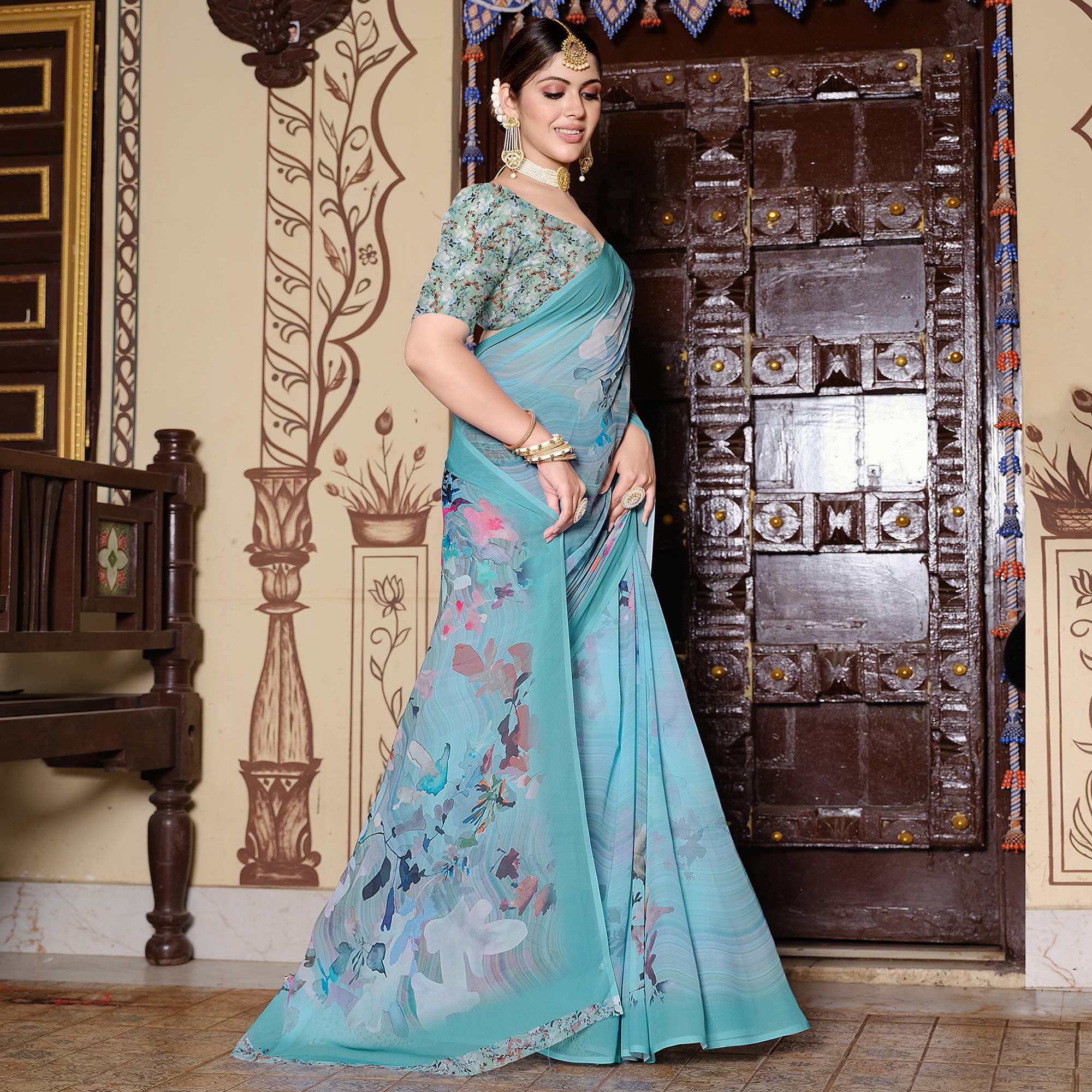 Turquoise Floral Digital Printed Georgette Saree