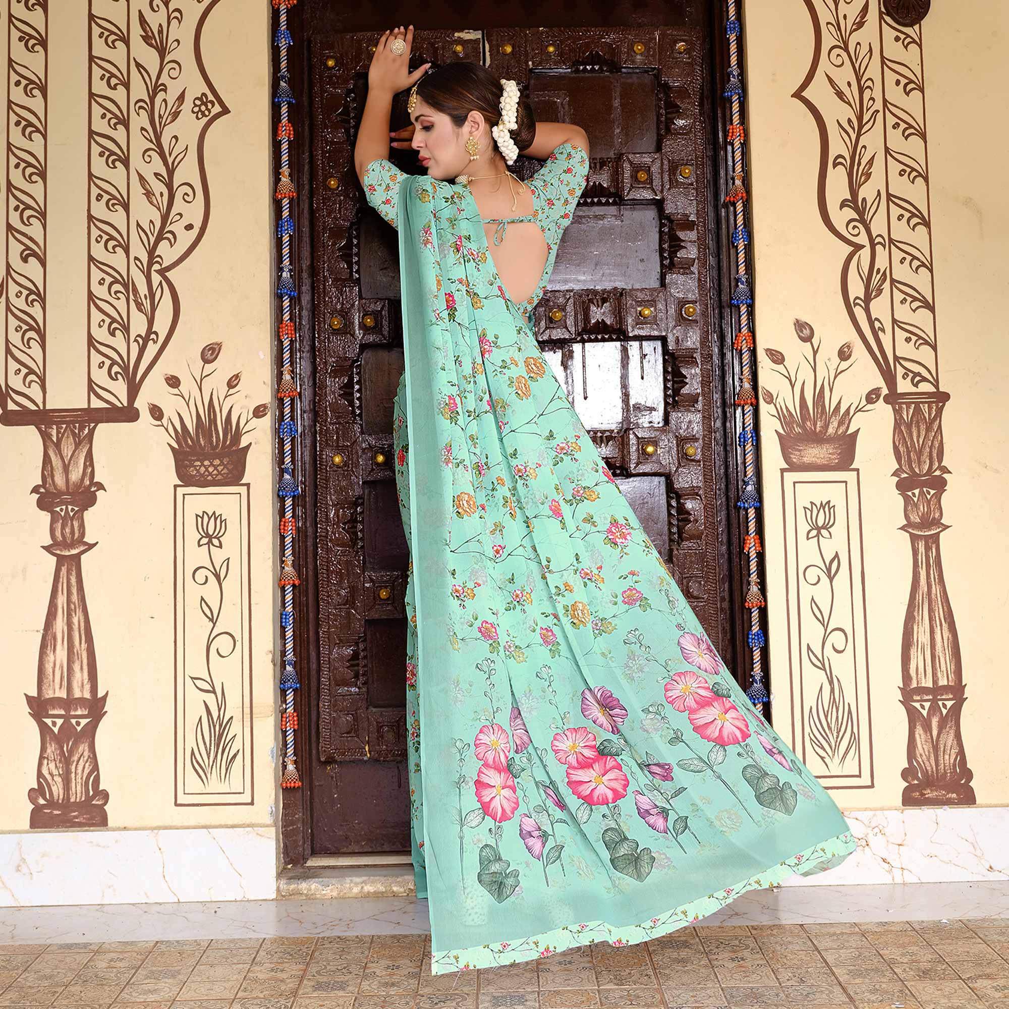 Turquoise Floral Digital Printed Georgette Saree