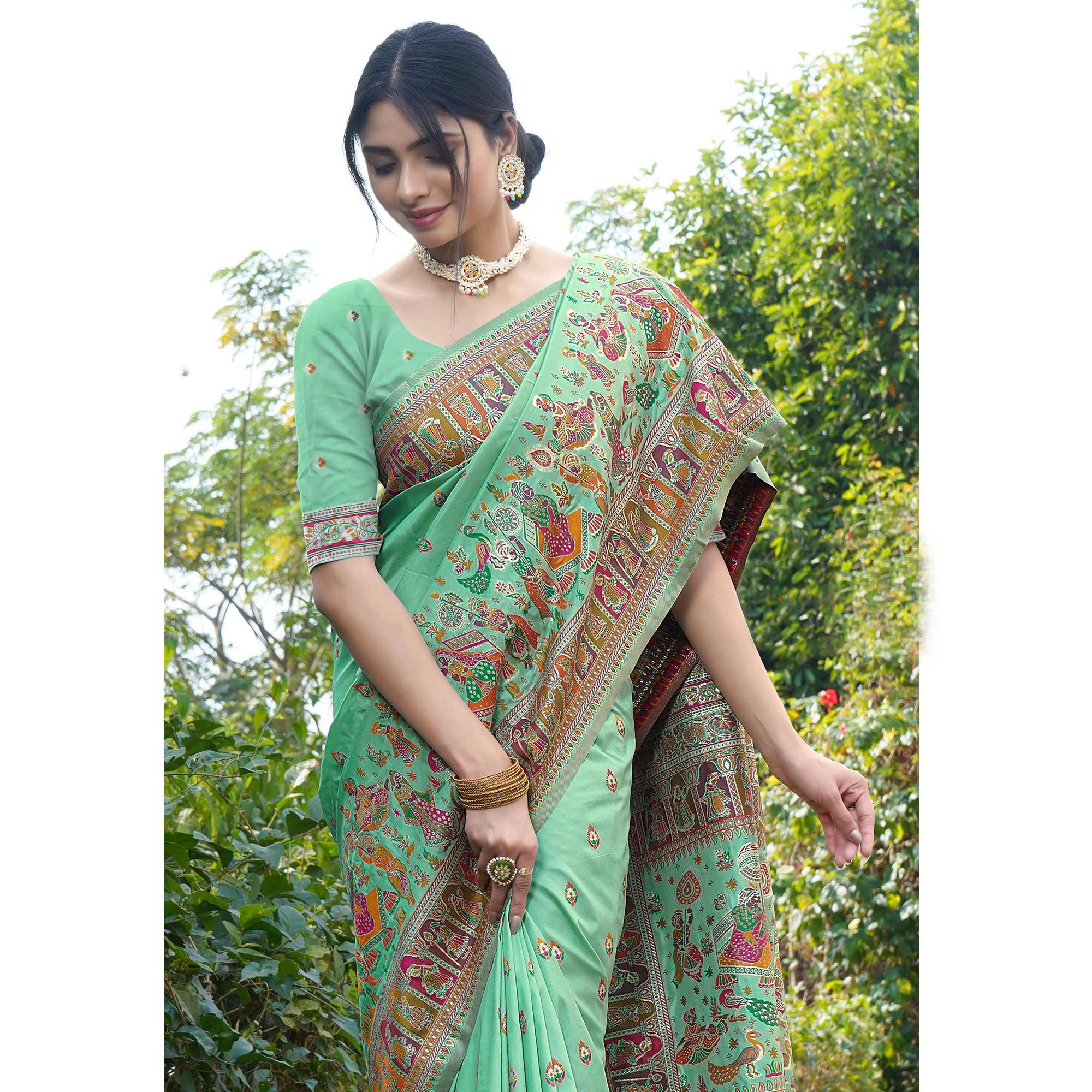 Sea Green Woven Pure Silk Saree