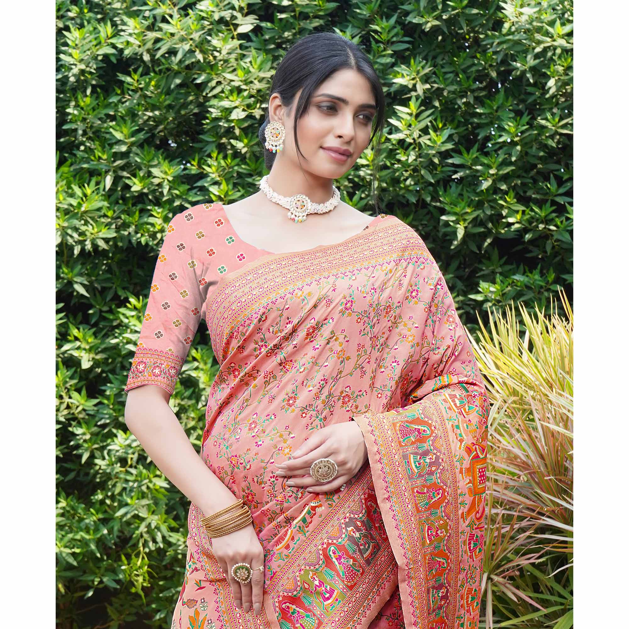 Pink Floral Purple Woven Pure Silk Saree