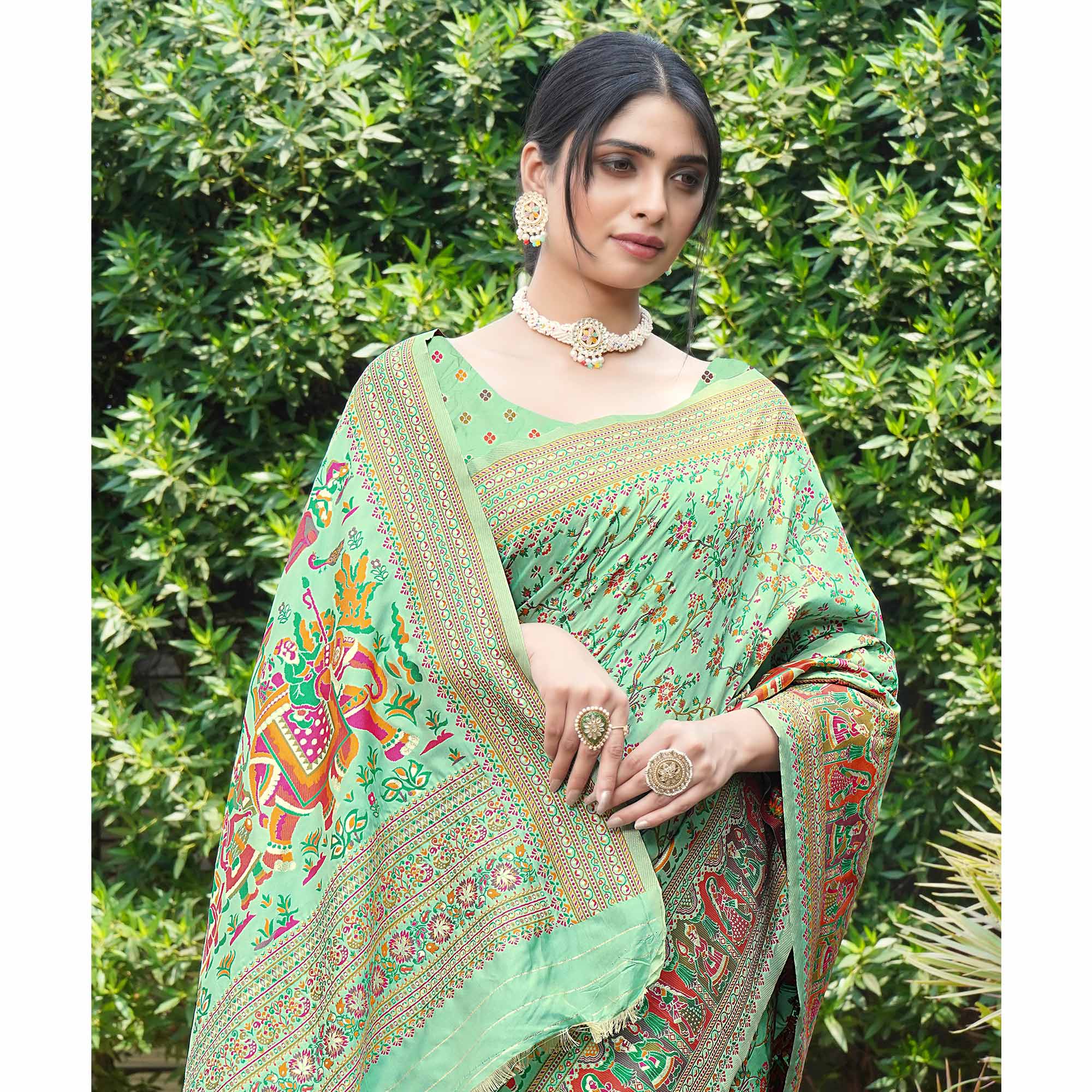 Sea Green Floral Purple Woven Pure Silk Saree