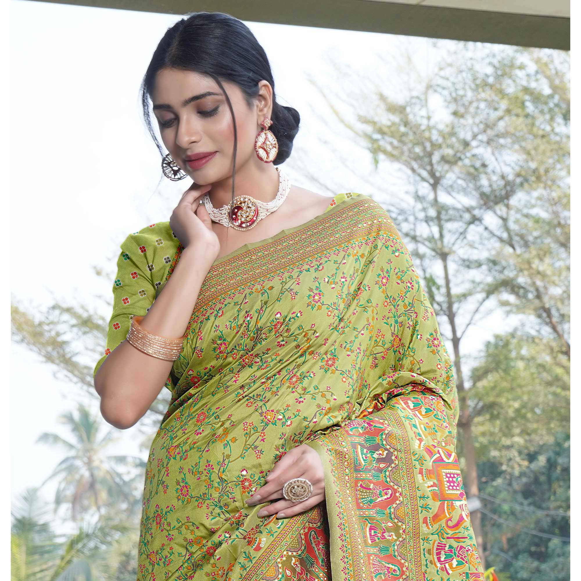 Pista Green Floral Purple Woven Pure Silk Saree