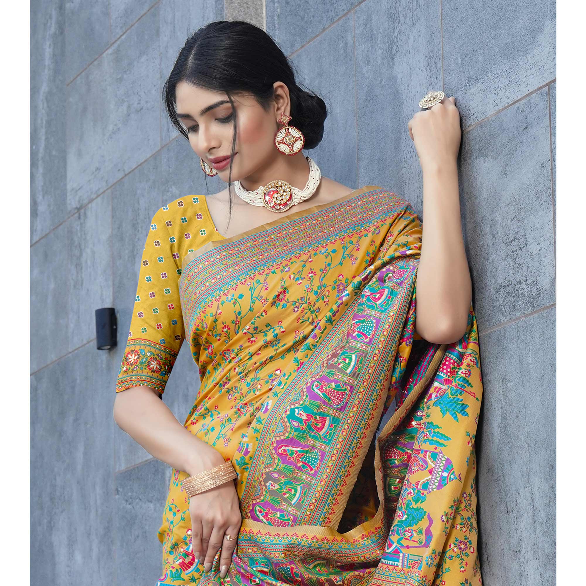 Mustard Floral Purple Woven Pure Silk Saree