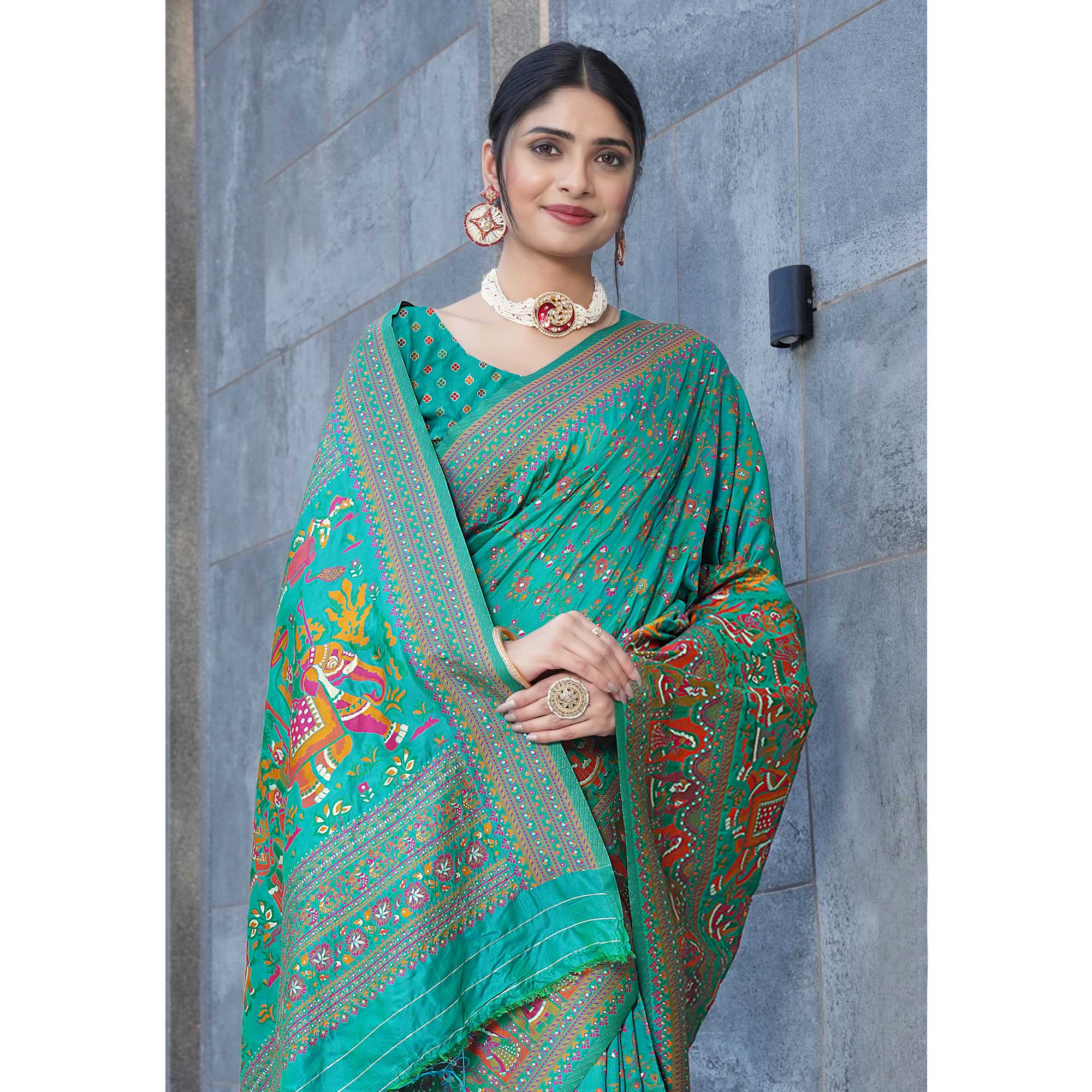 Rama Green Floral Purple Woven Pure Silk Saree