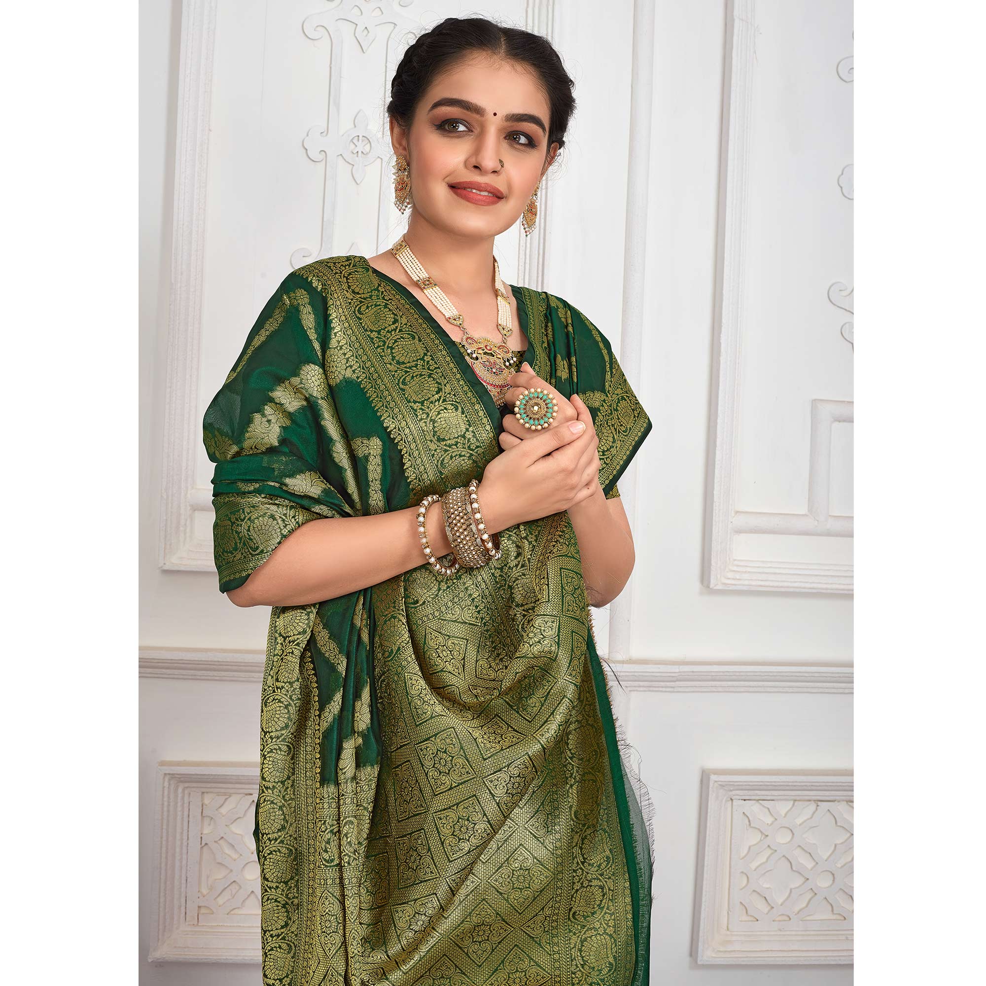 Green Floral Woven Organza Saree