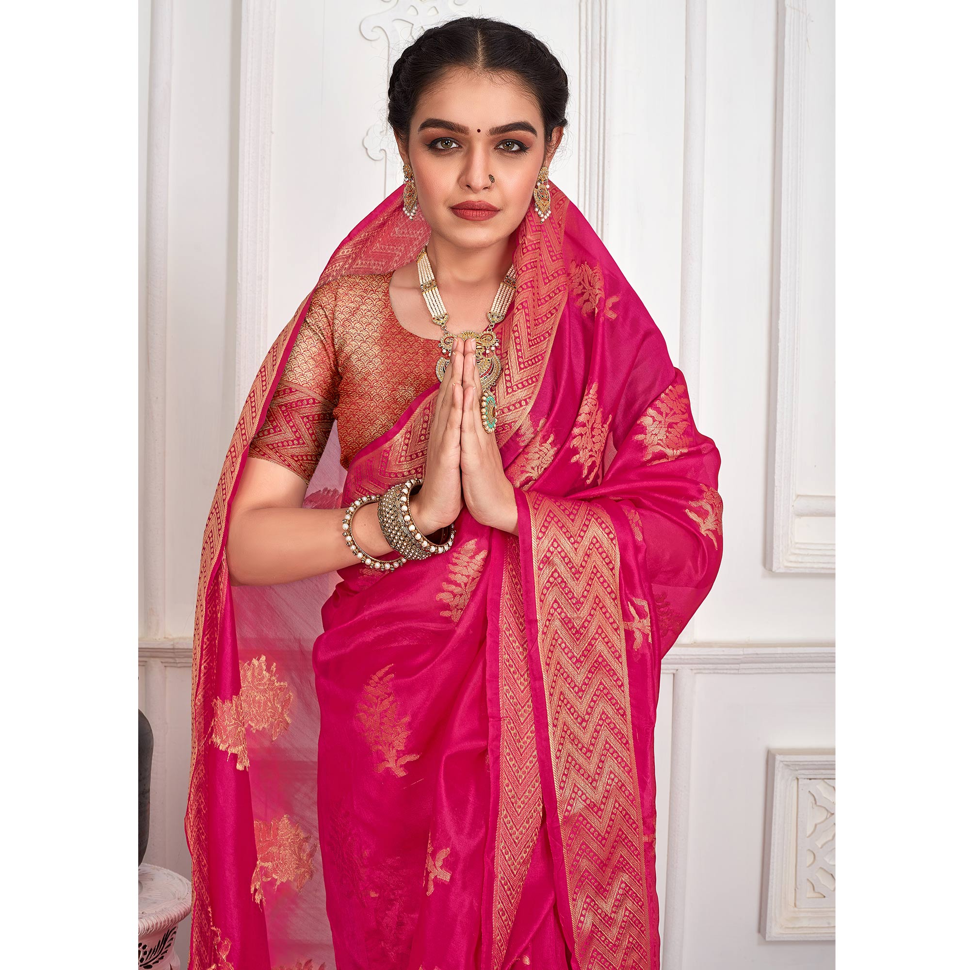 Rani Pink Floral Woven Organza Saree