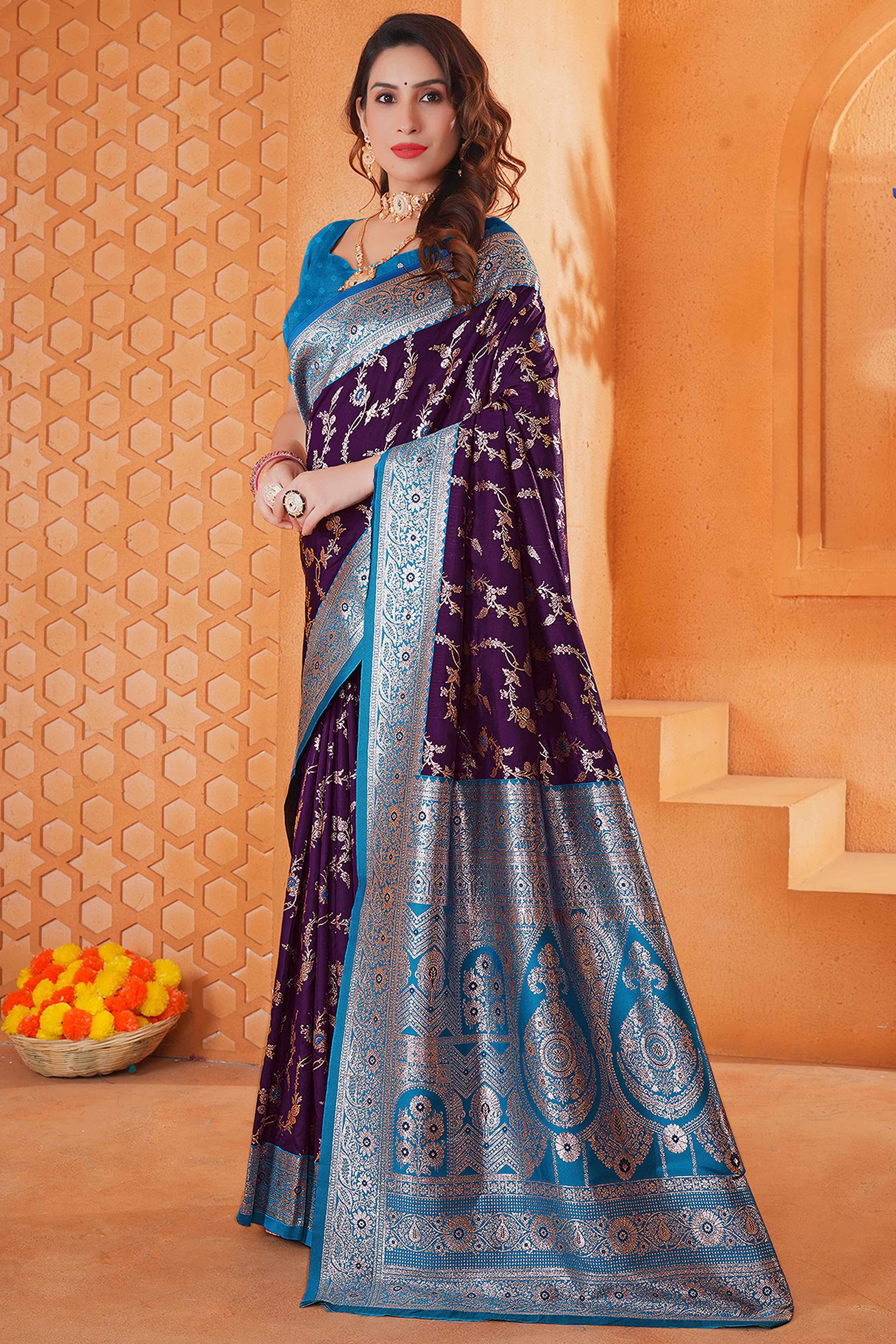 Dark Purple Art Silk Saree With Intricate Floral Banarasi Zari Weaving