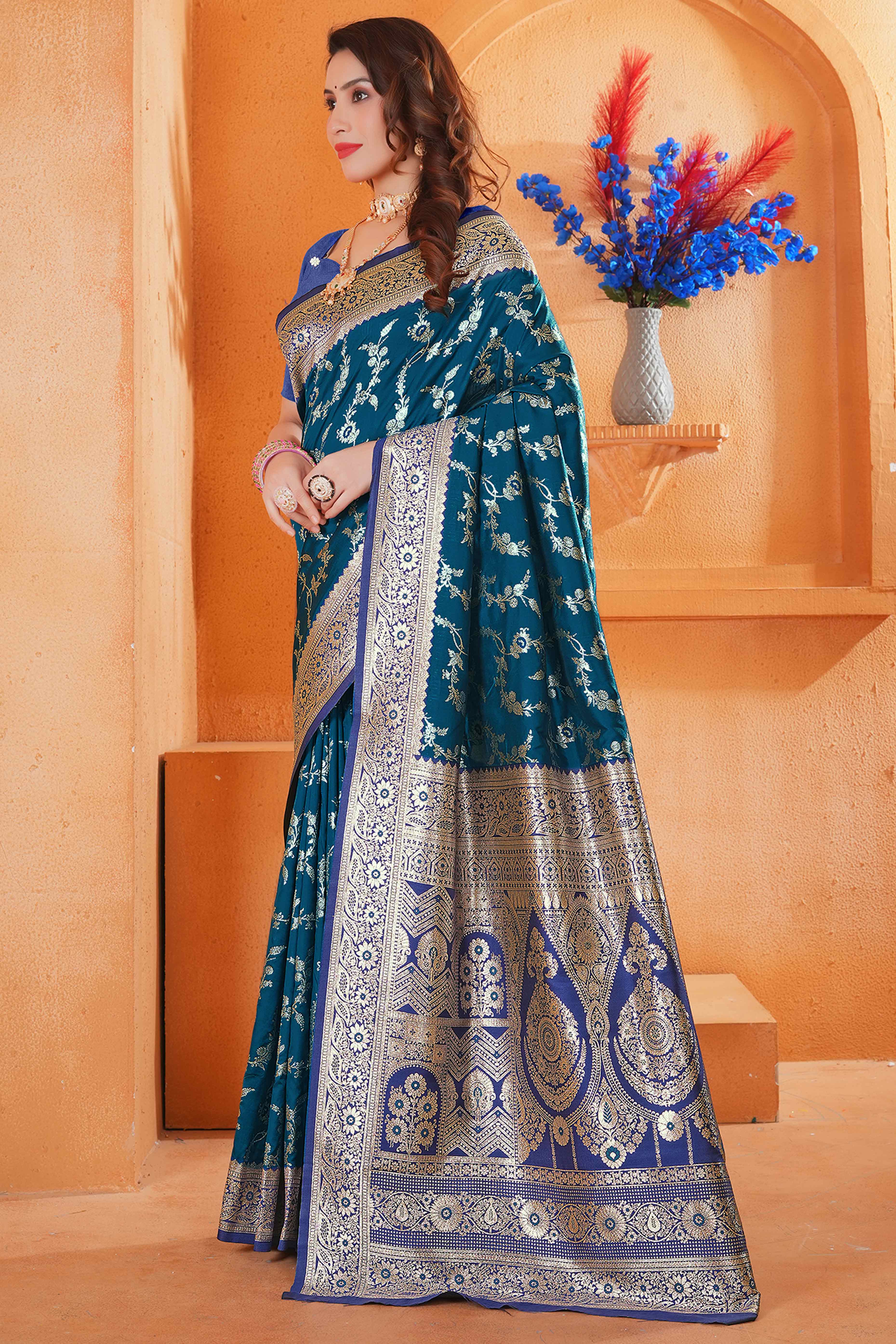 Teal Art Silk Saree With Intricate Floral Banarasi Zari Weaving