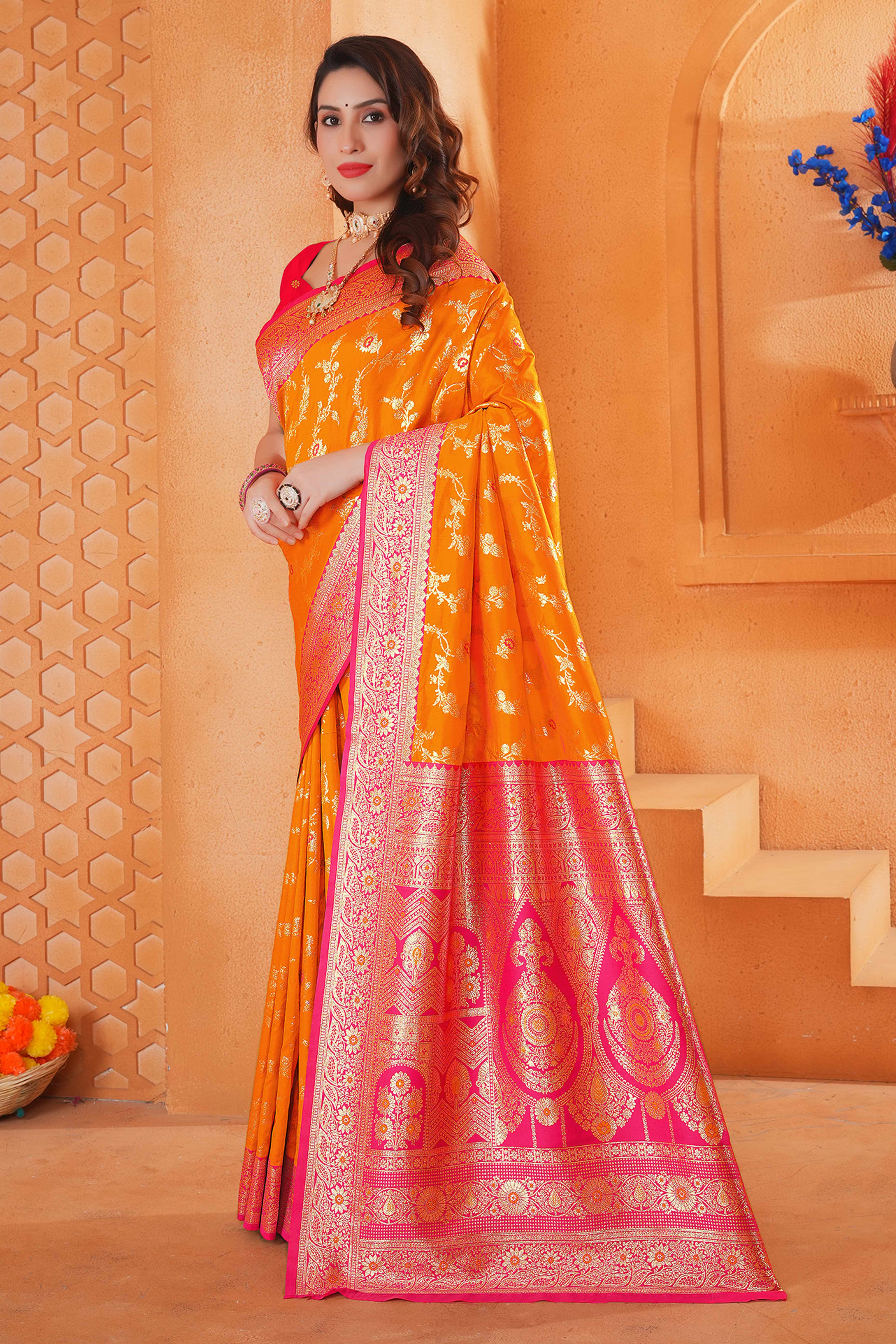Orange Art Silk Saree With Intricate Floral Banarasi Zari Weaving