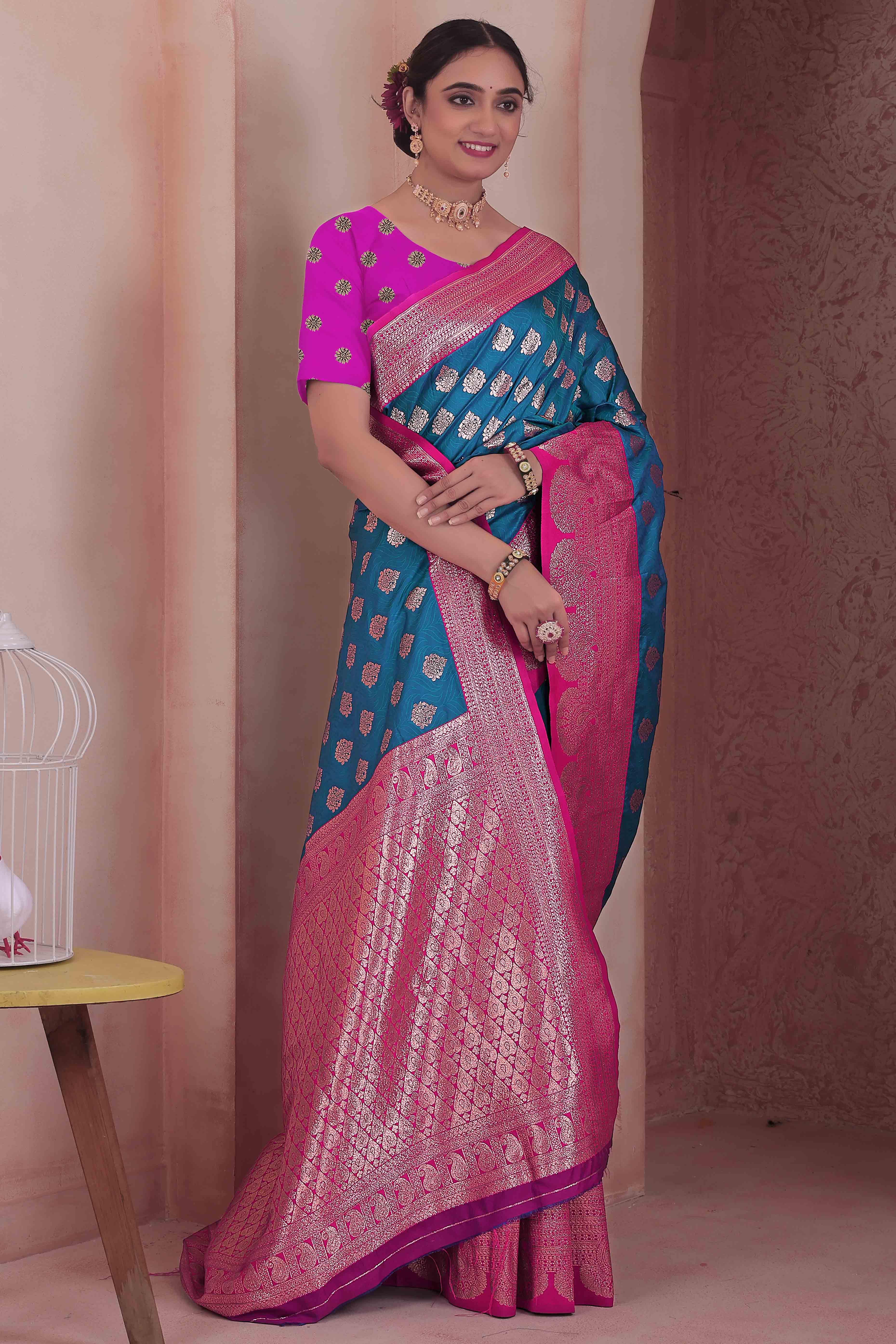 Elegant Zari Woven Morpich Blue Art Silk Saree Accented With A Heritage Banarasi Pallu