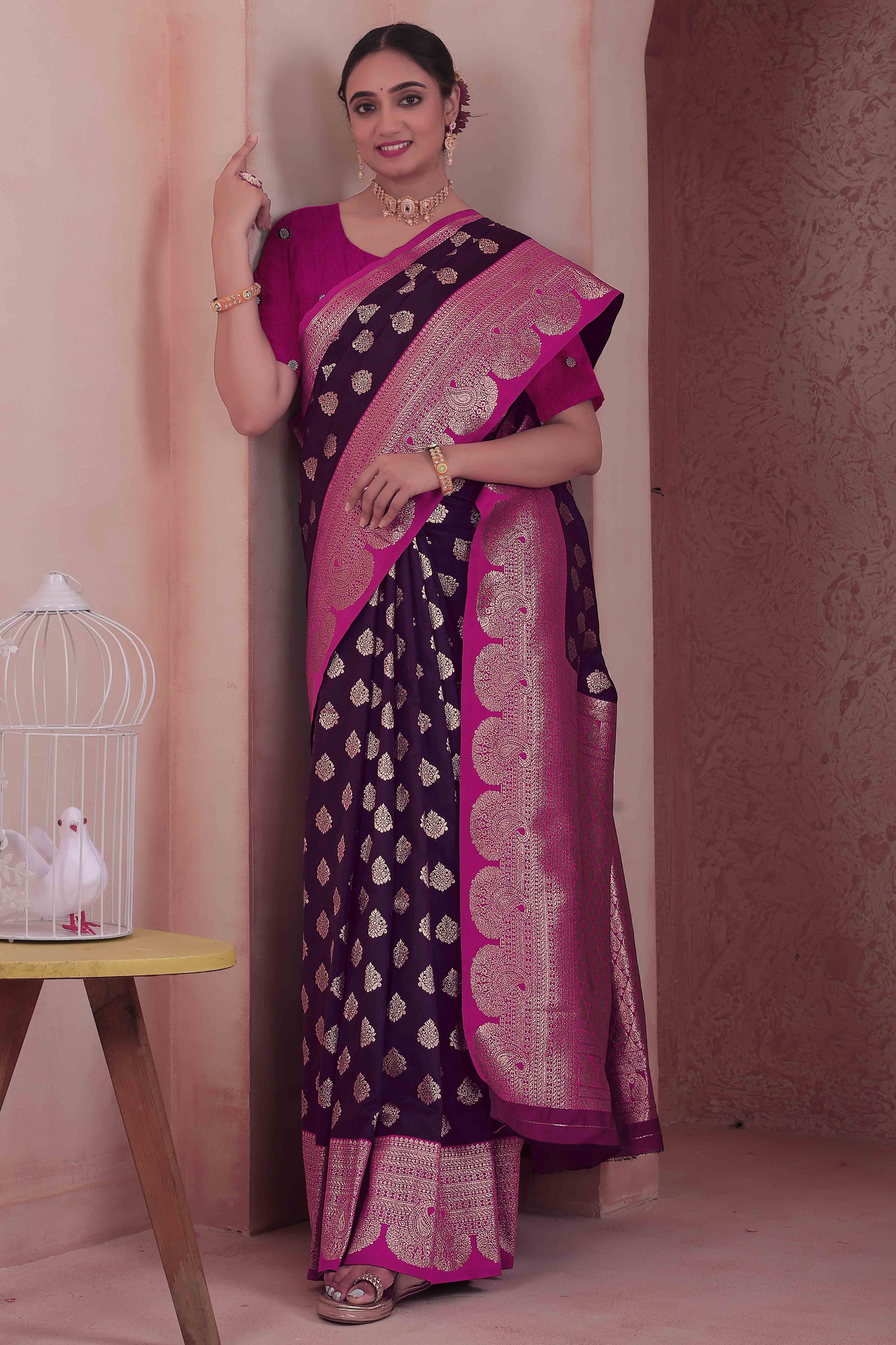 Refreshing Zari Woven Dark Wine Art Silk Saree Accented With A Heritage Banarasi Pallu