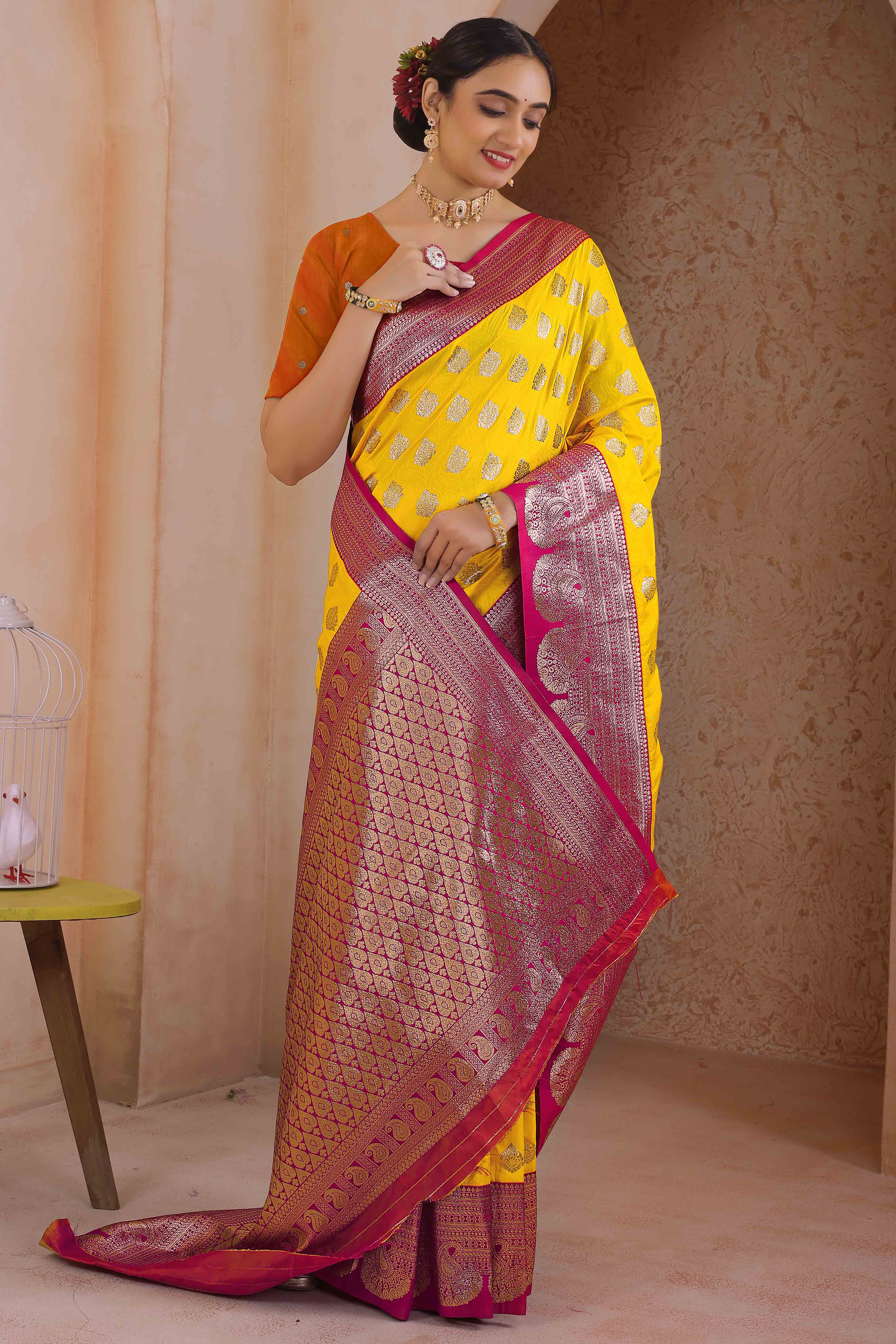 Sophisticated Zari Woven Yellow Art Silk Saree Accented With A Heritage Banarasi Pallu