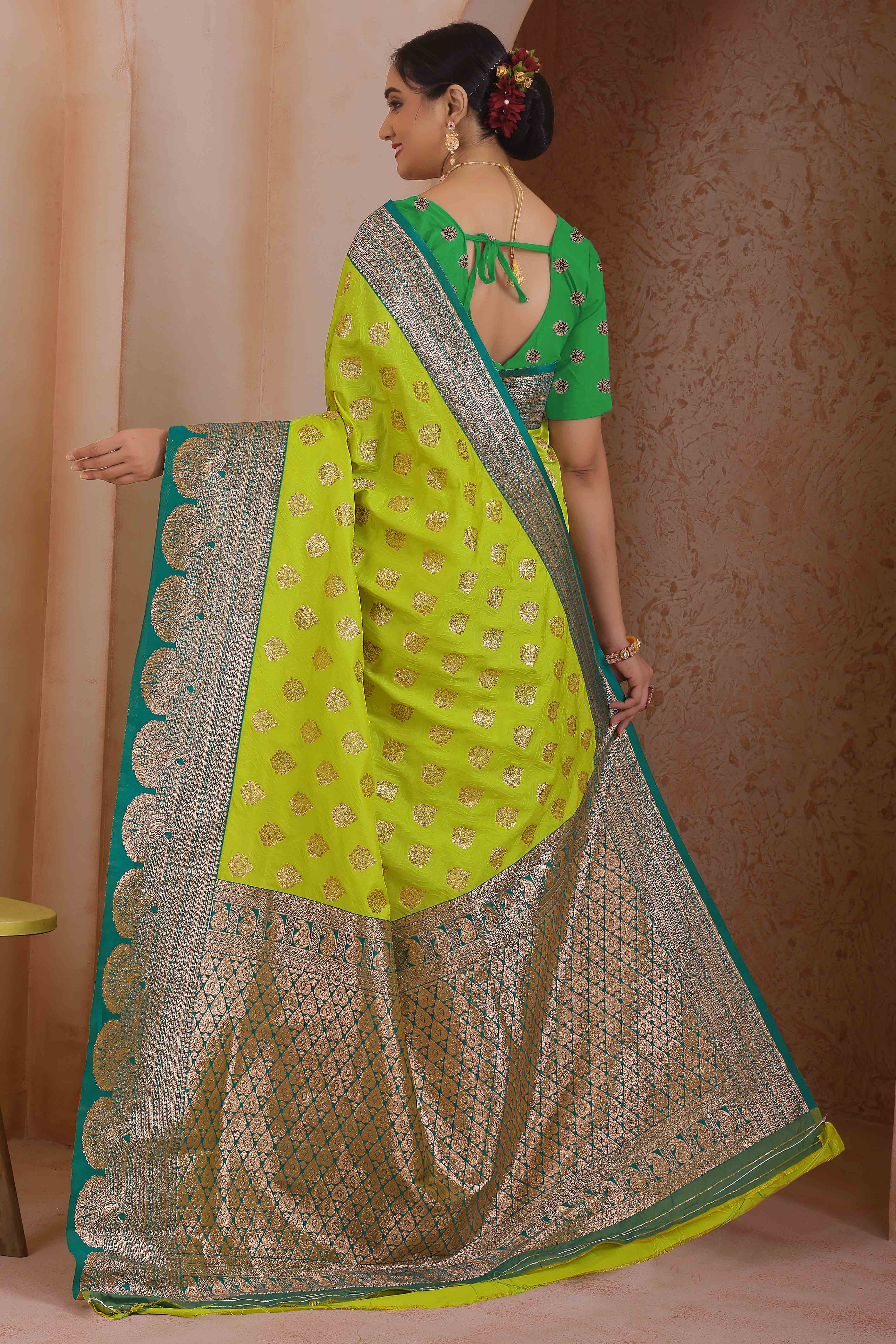 Stunning Zari Woven Parrot Green Art Silk Saree Accented With A Heritage Banarasi Pallu
