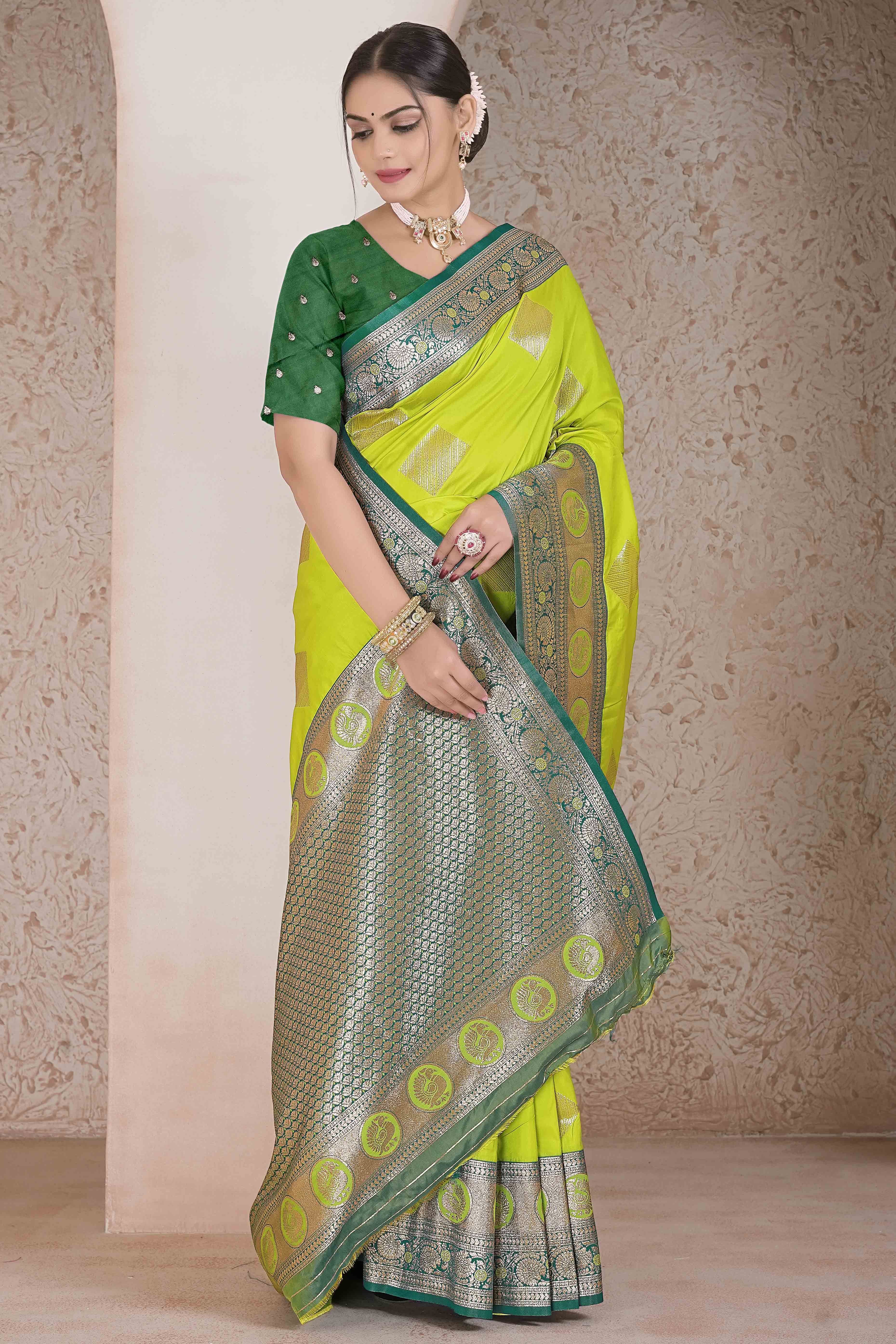 Parrot Green Zari Woven Art Silk Saree With Opulent Banarasi Pallu Work