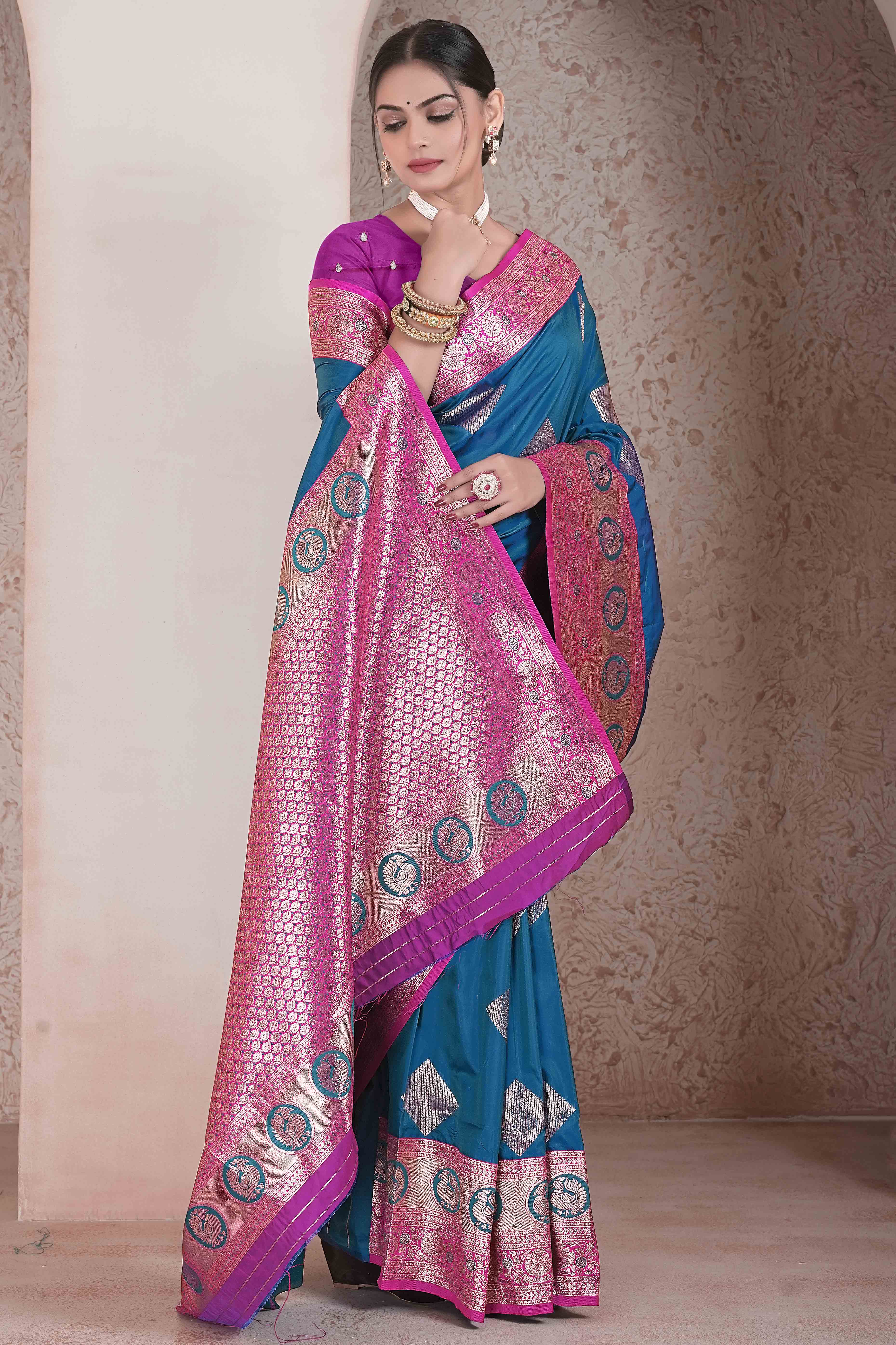 Blue Zari Woven Art Silk Saree With Opulent Banarasi Pallu Work