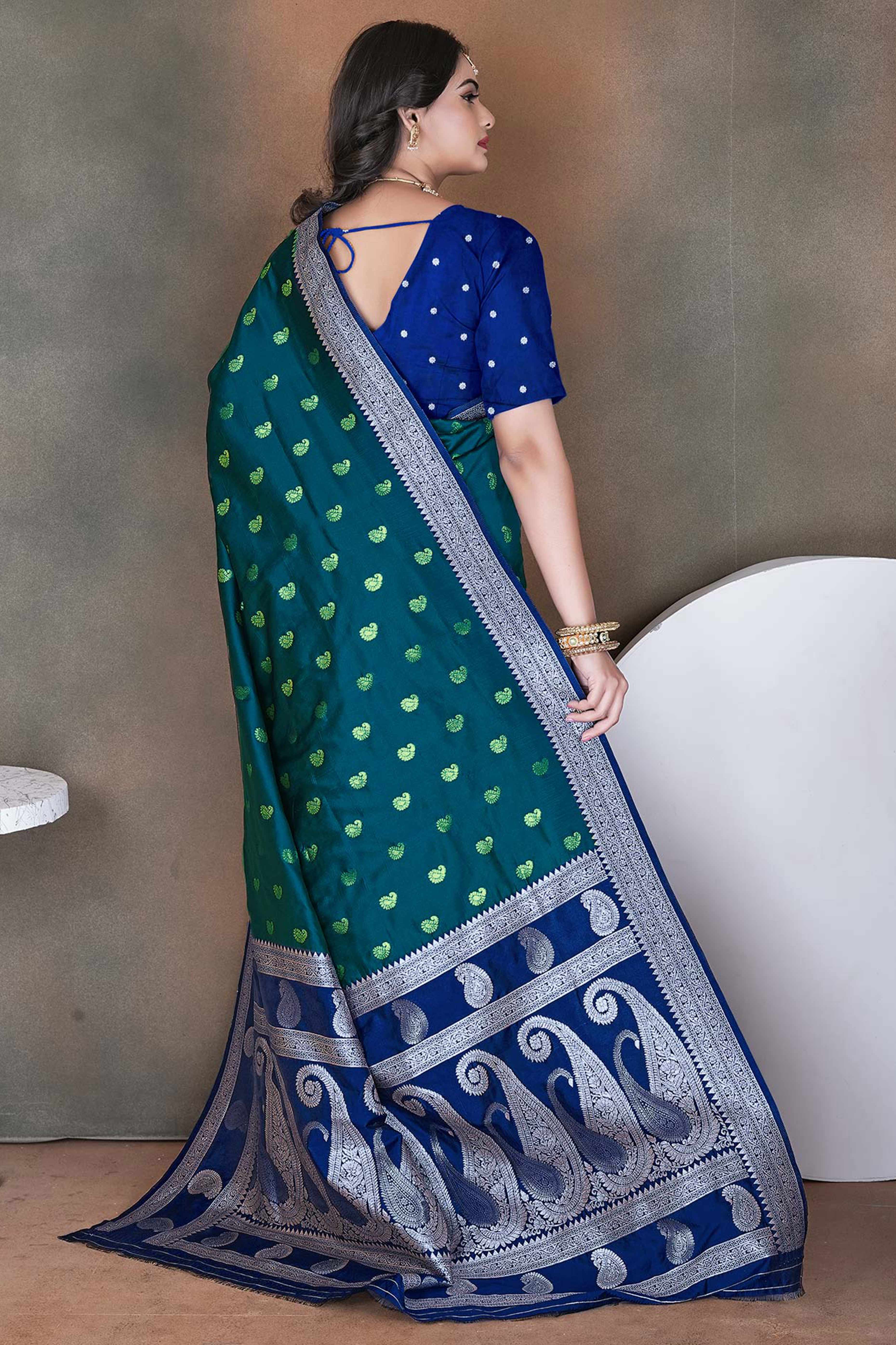 Dark Teal Blue Art Silk Saree Adorned With Zari Woven Paisley Motifs & Rich Banarasi Pallu