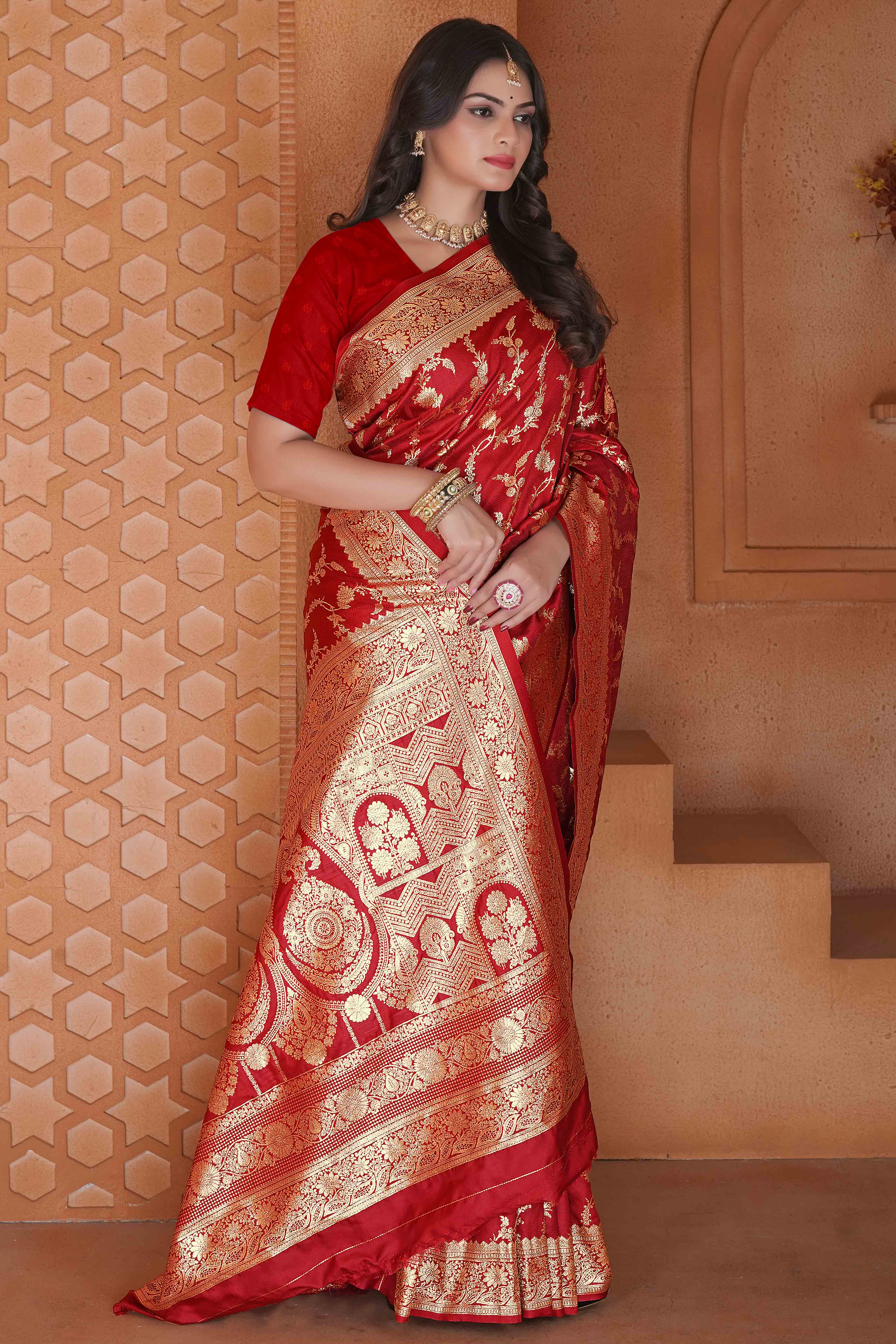 Red Saree in Art Silk Featuring Traditional Zari Woven Floral Motifs for Special Occasions