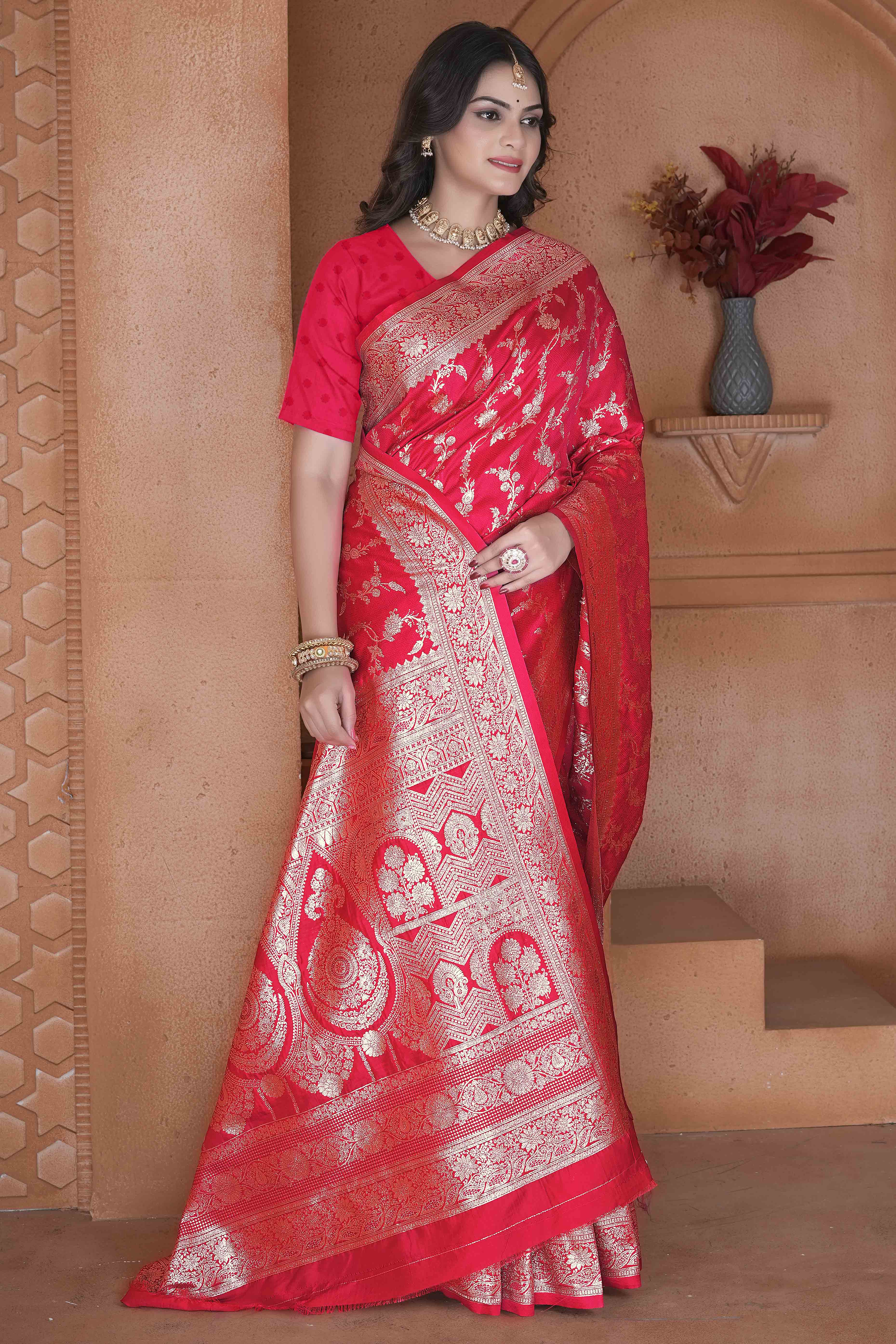 Pink Saree in Art Silk Featuring Traditional Zari Woven Floral Motifs for Special Occasions