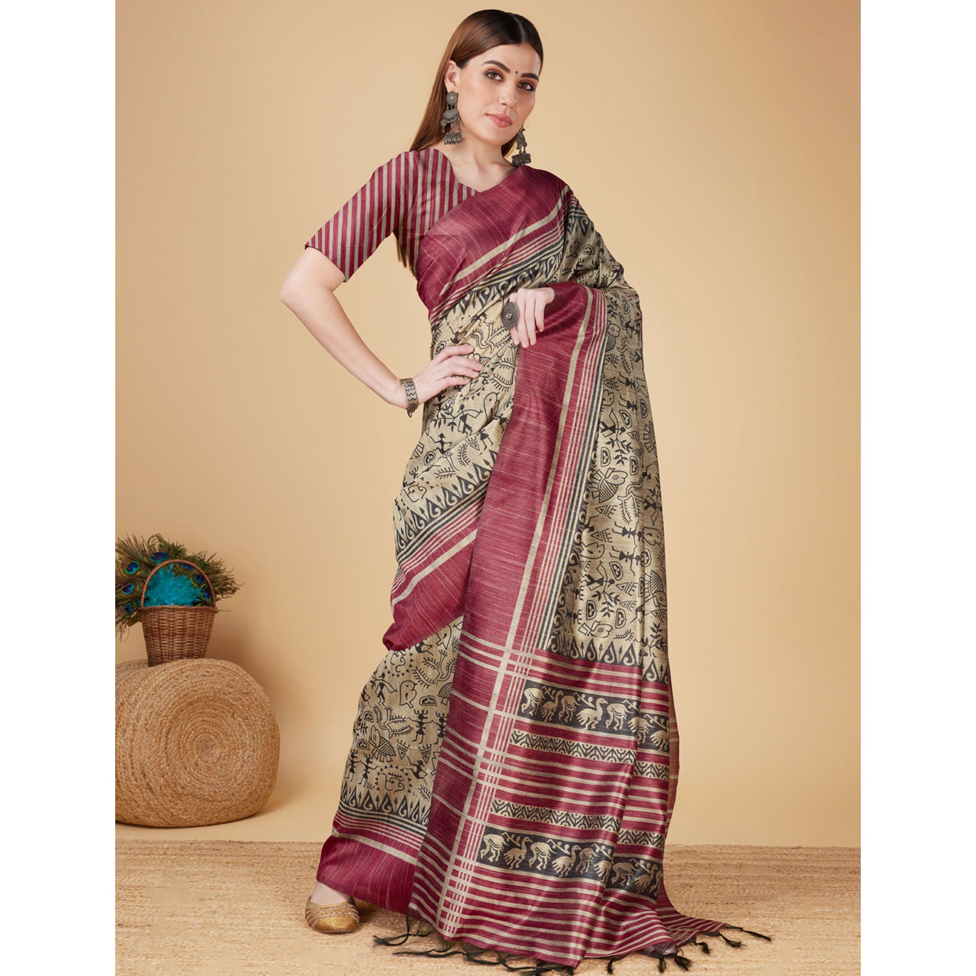 Chikoo & Maroon Printed Bhagalpuri Silk Saree With Tassels