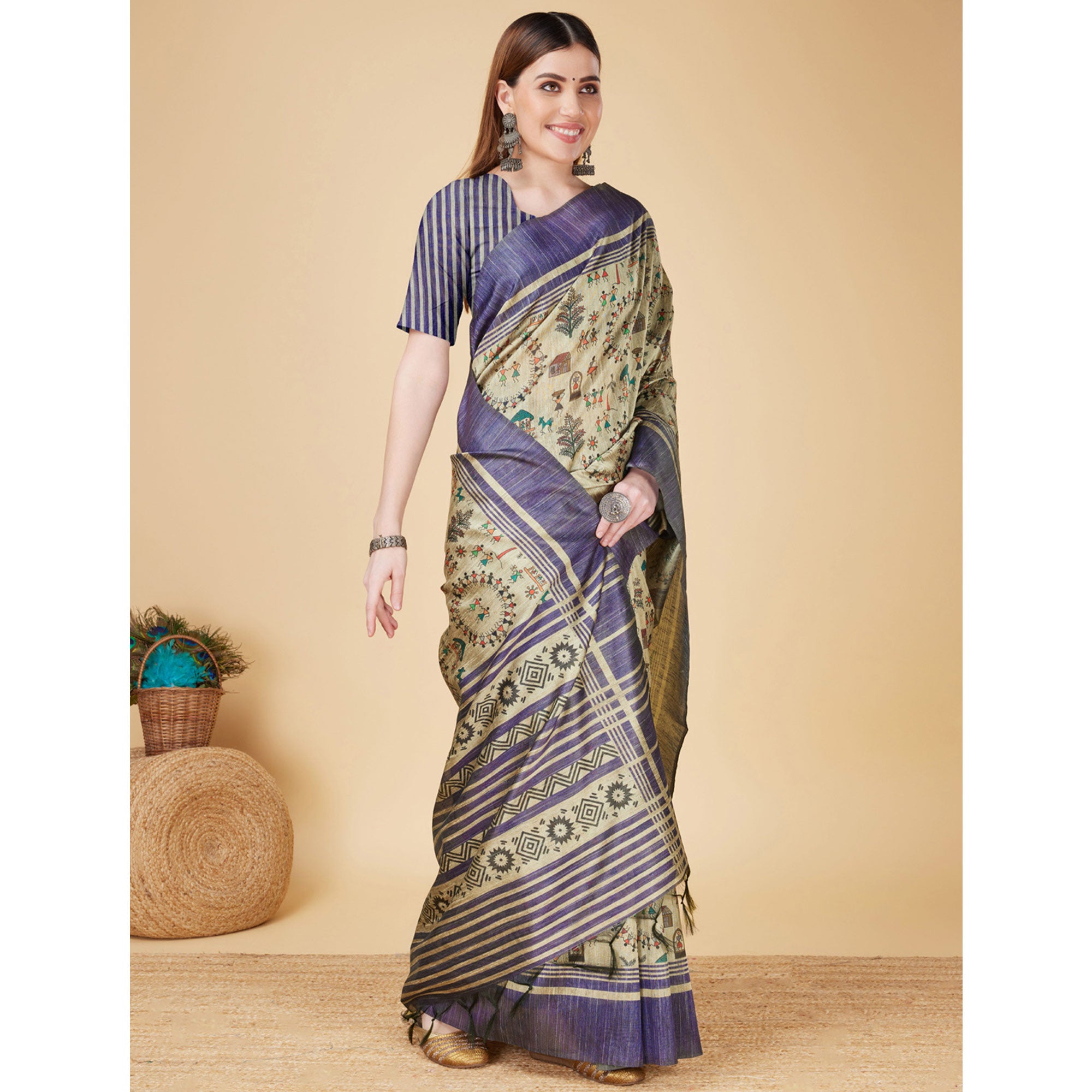 Chikoo & Blue Printed Bhagalpuri Silk Saree With Tassels