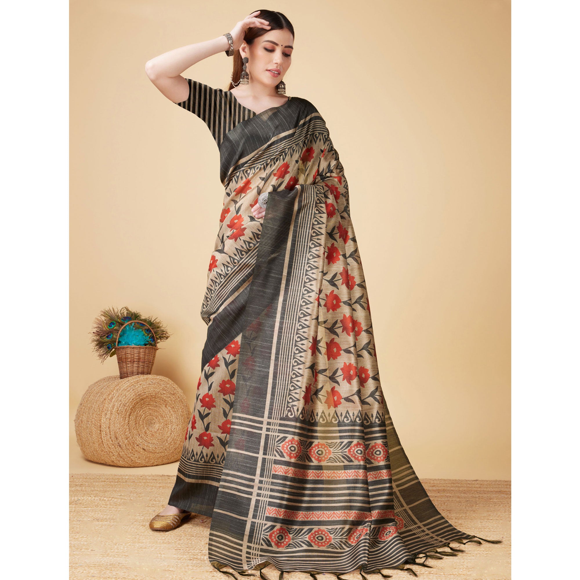 Beige & Black Floral Bhagalpuri Silk Saree With Tassels