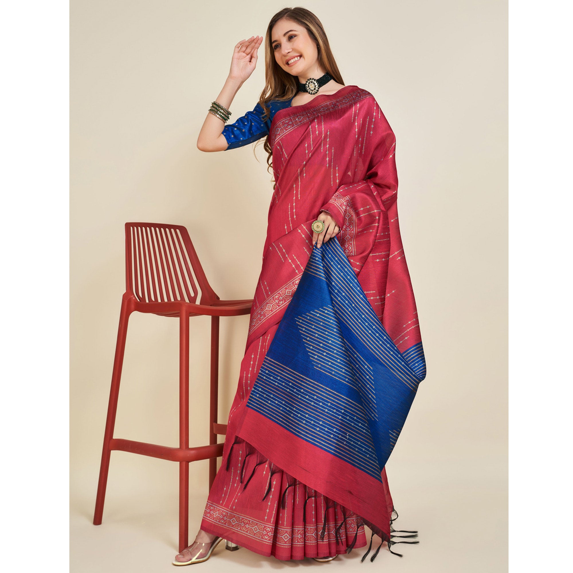 Red Digital Printed Bhagalpuri Silk Saree With Tassels