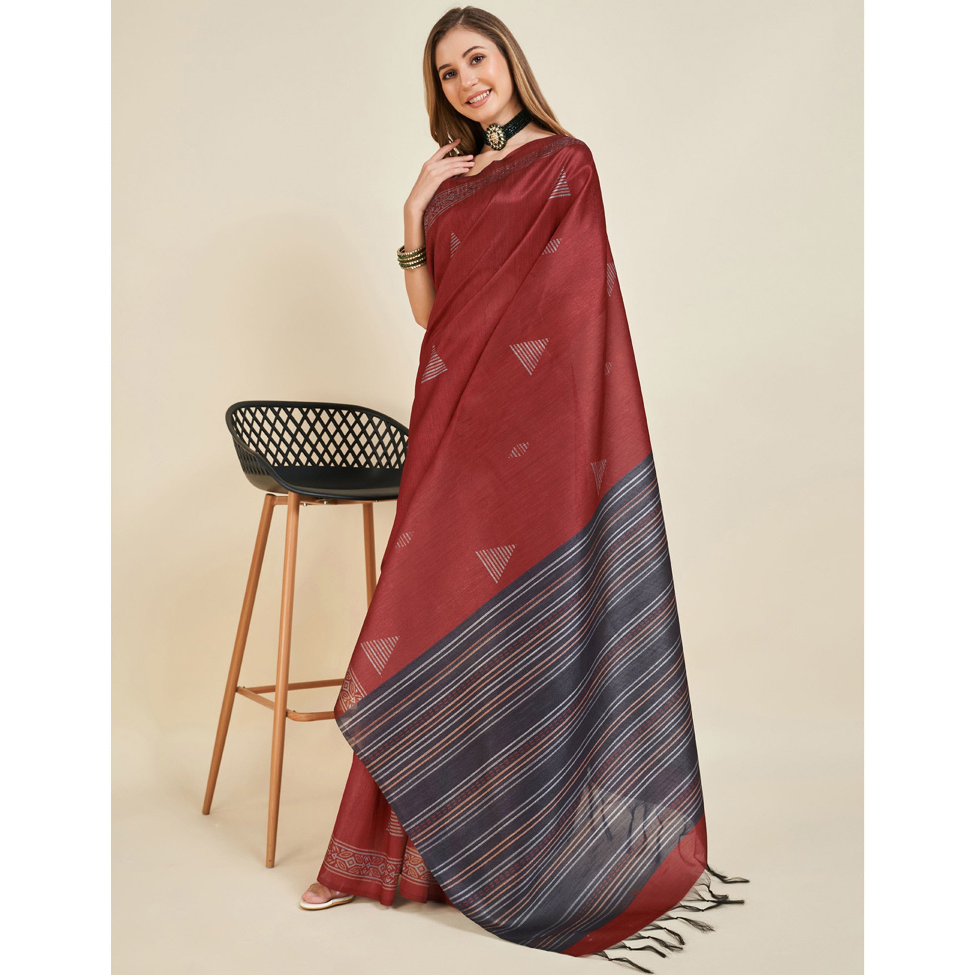 Maroon Digital Printed Bhagalpuri Silk Saree With Tassels