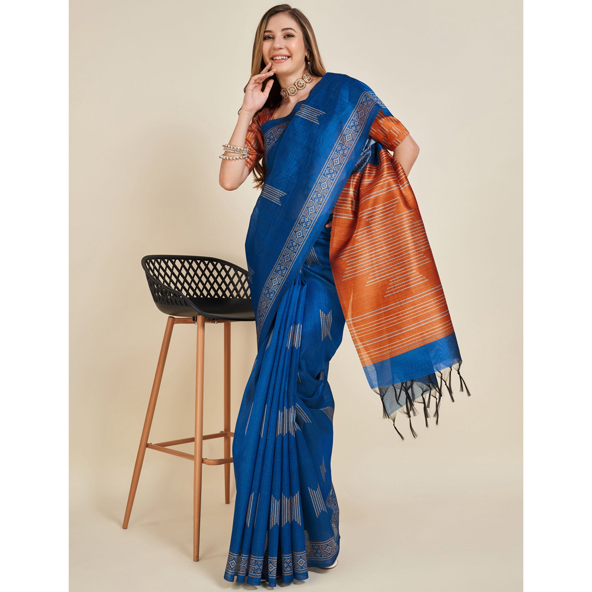 Blue Digital Printed Bhagalpuri Silk Saree With Tassels