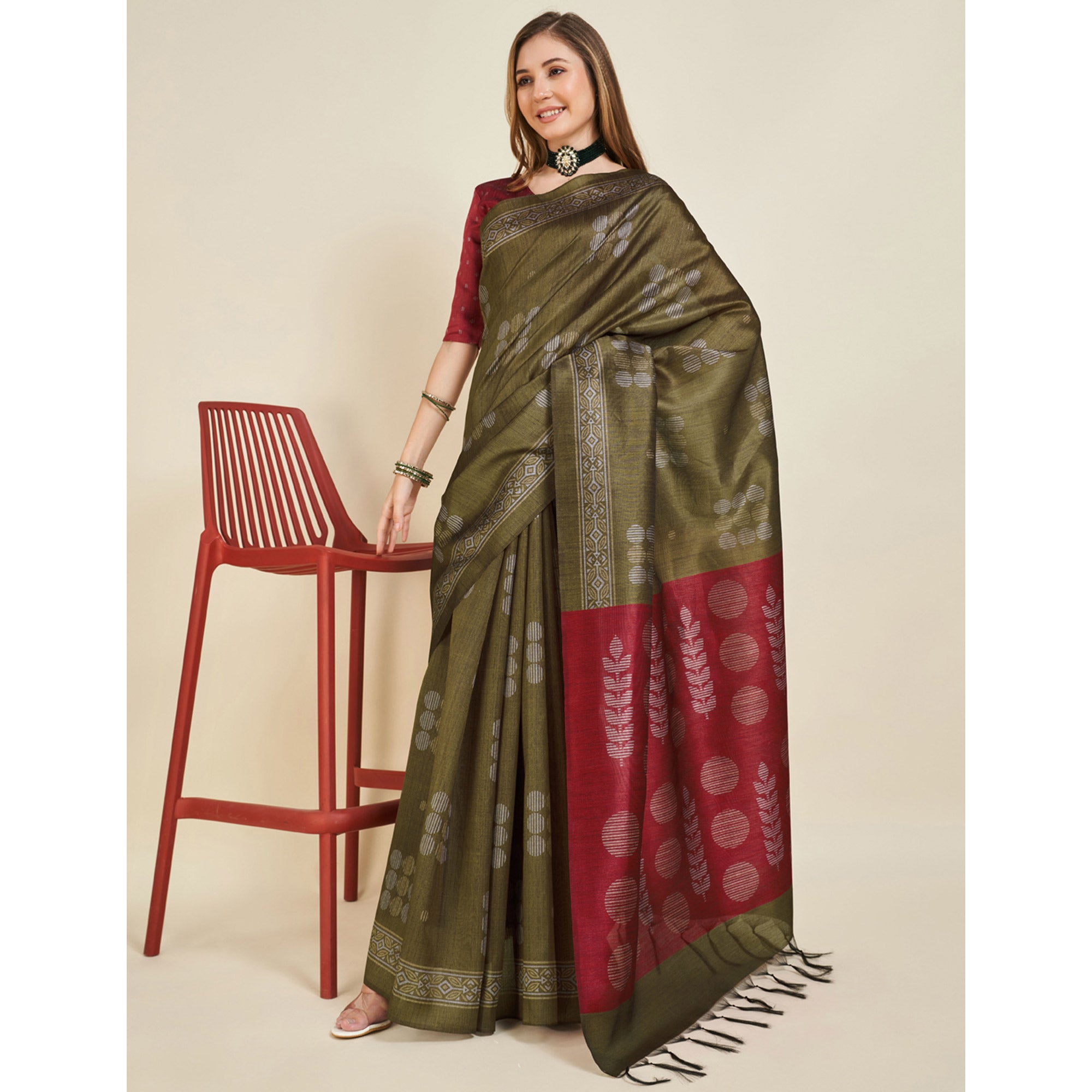 Mehendi Green Digital Printed Bhagalpuri Silk Saree With Tassels