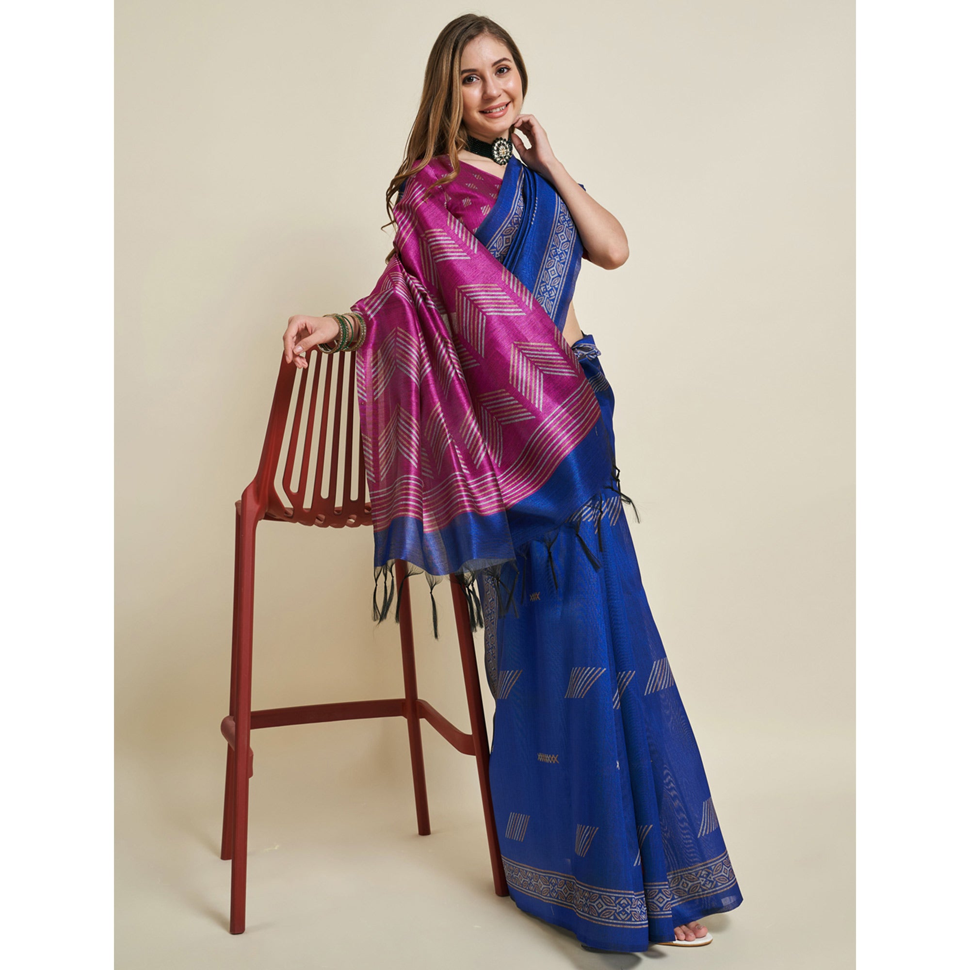 Blue & Rani Pink Digital Printed Bhagalpuri Silk Saree With Tassels