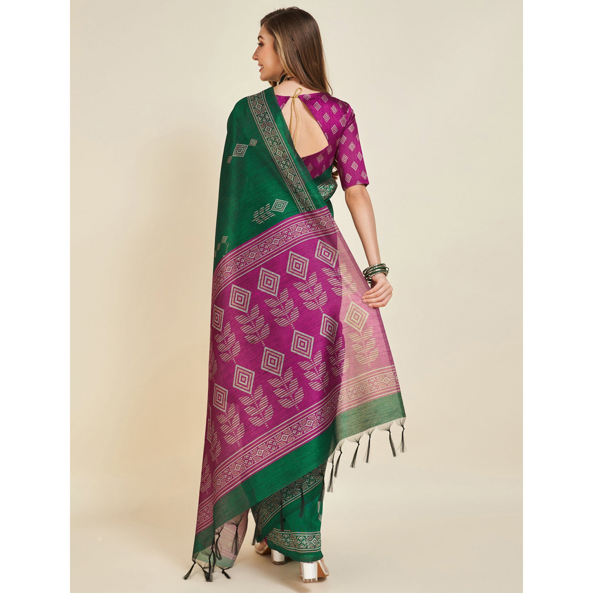 Green Digital Printed Bhagalpuri Silk Saree With Tassels