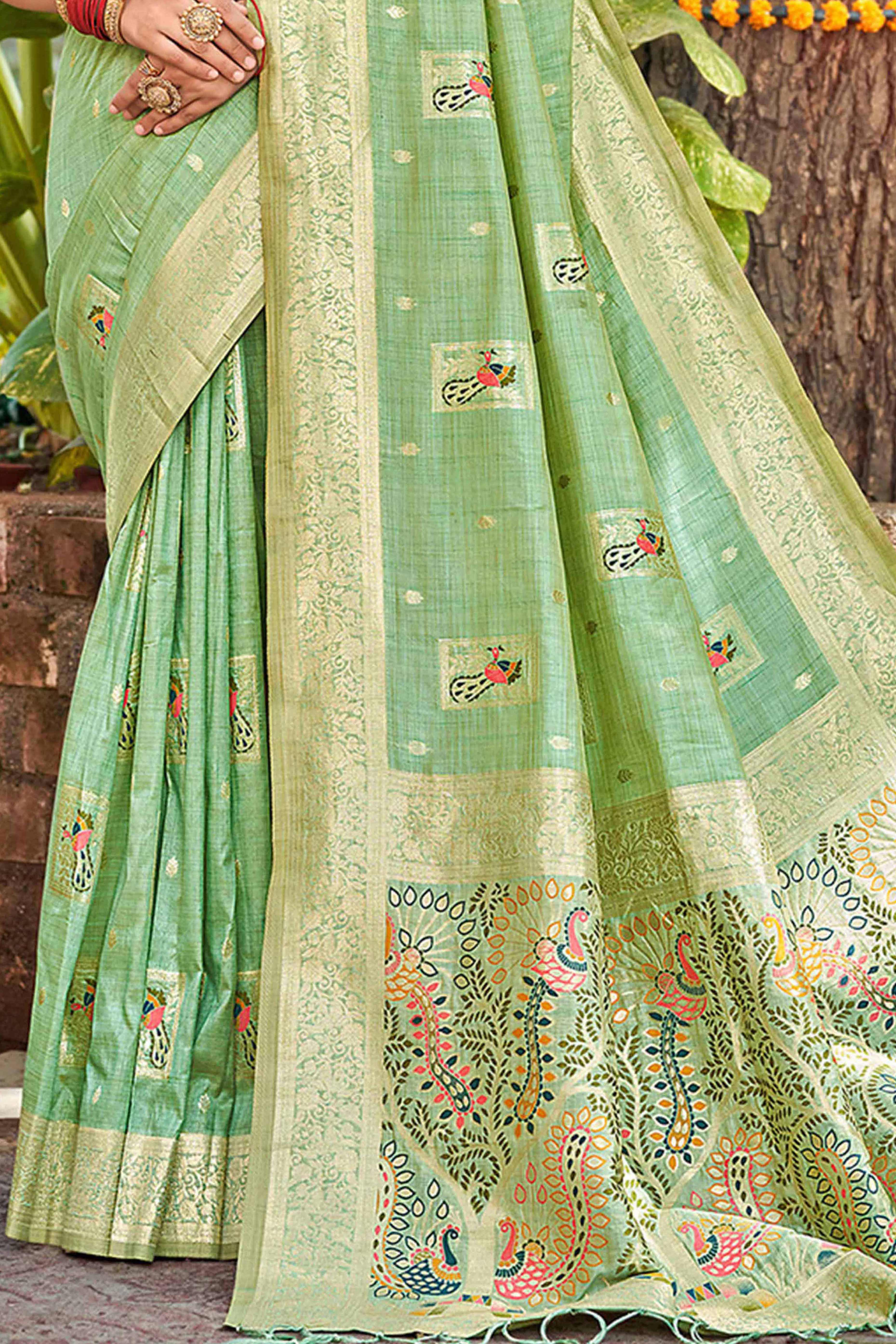 Sea Green Floral & Peacock Motif Zari Woven Assam Silk Blend Saree With Graceful Tassel Pallu