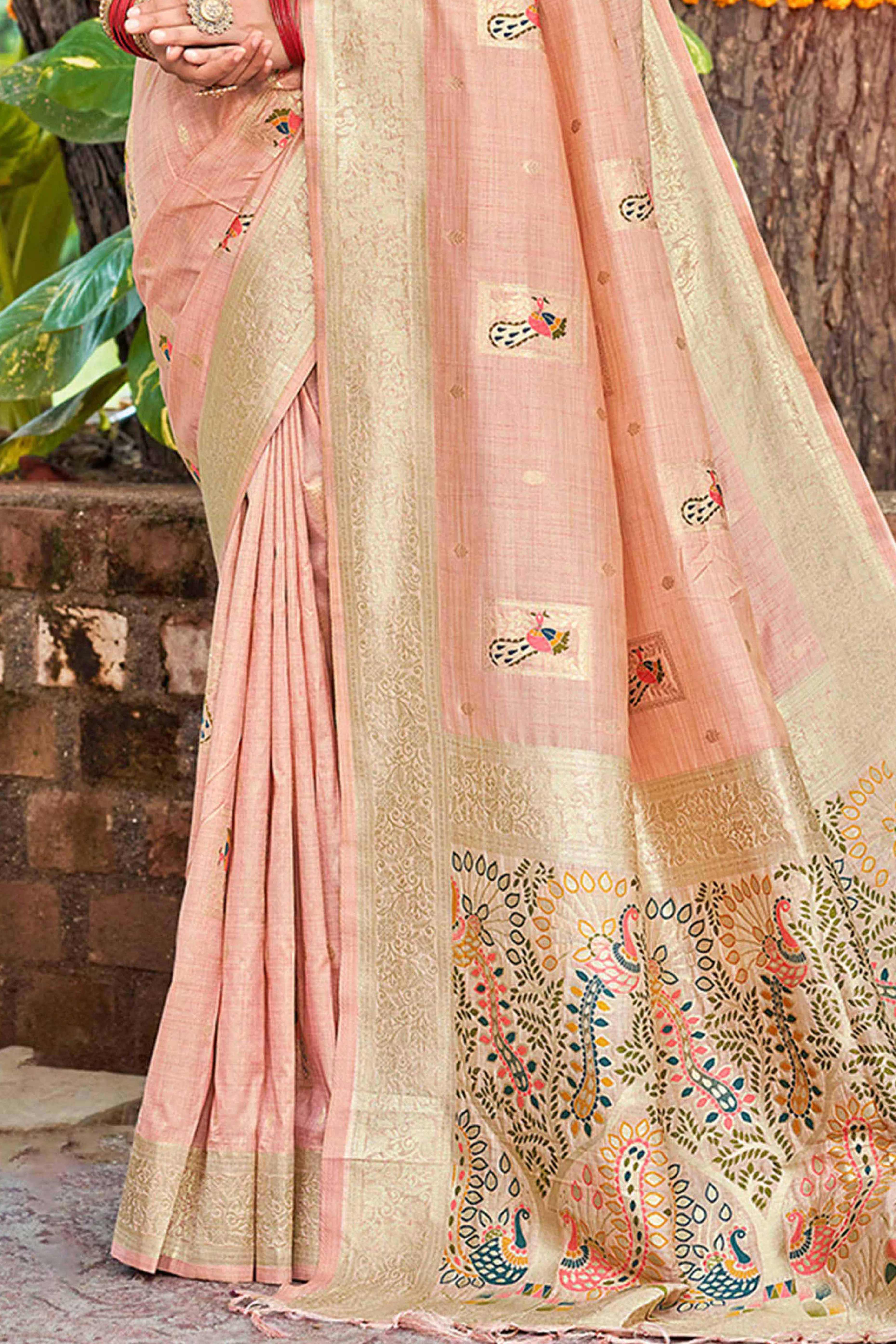 Light Pink Floral & Peacock Motif Zari Woven Assam Silk Blend Saree With Graceful Tassel Pallu